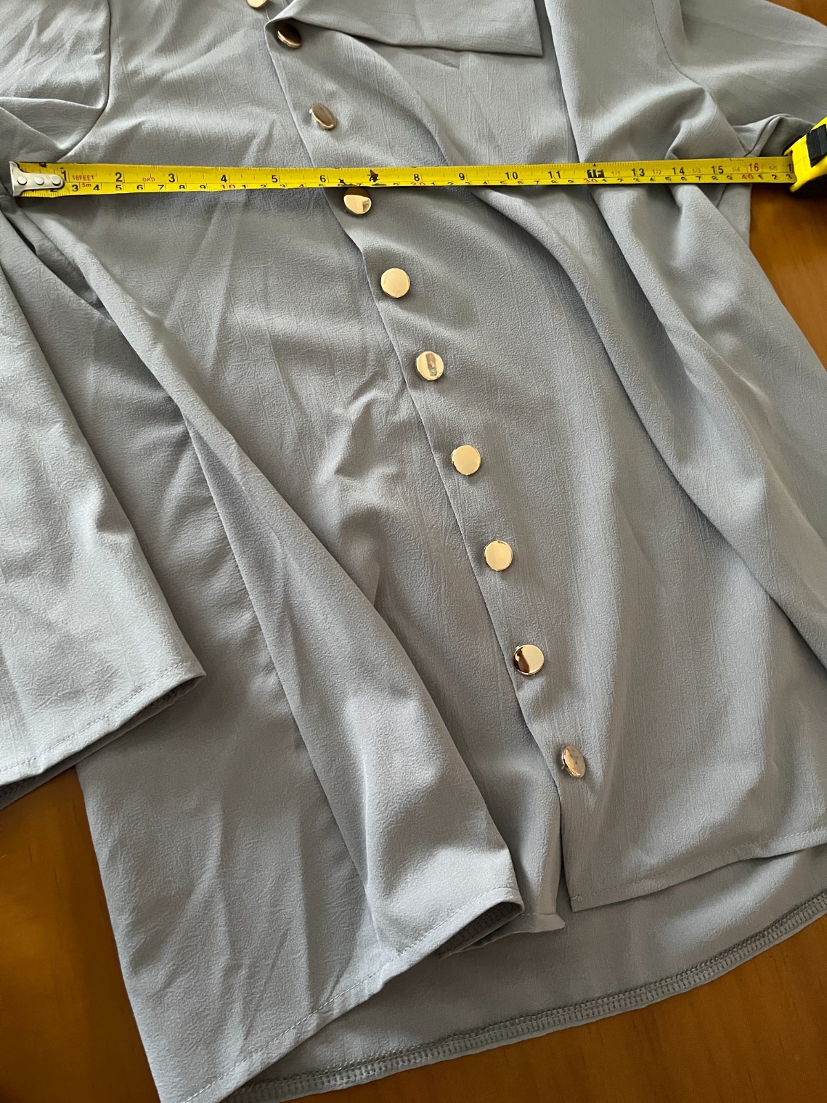 WOMEN’S GRAY ASYMMETRICAL BLOUSE SZ S–GOLD BUTTONS-STATEMENT COLLAR-LONG SLEEVES