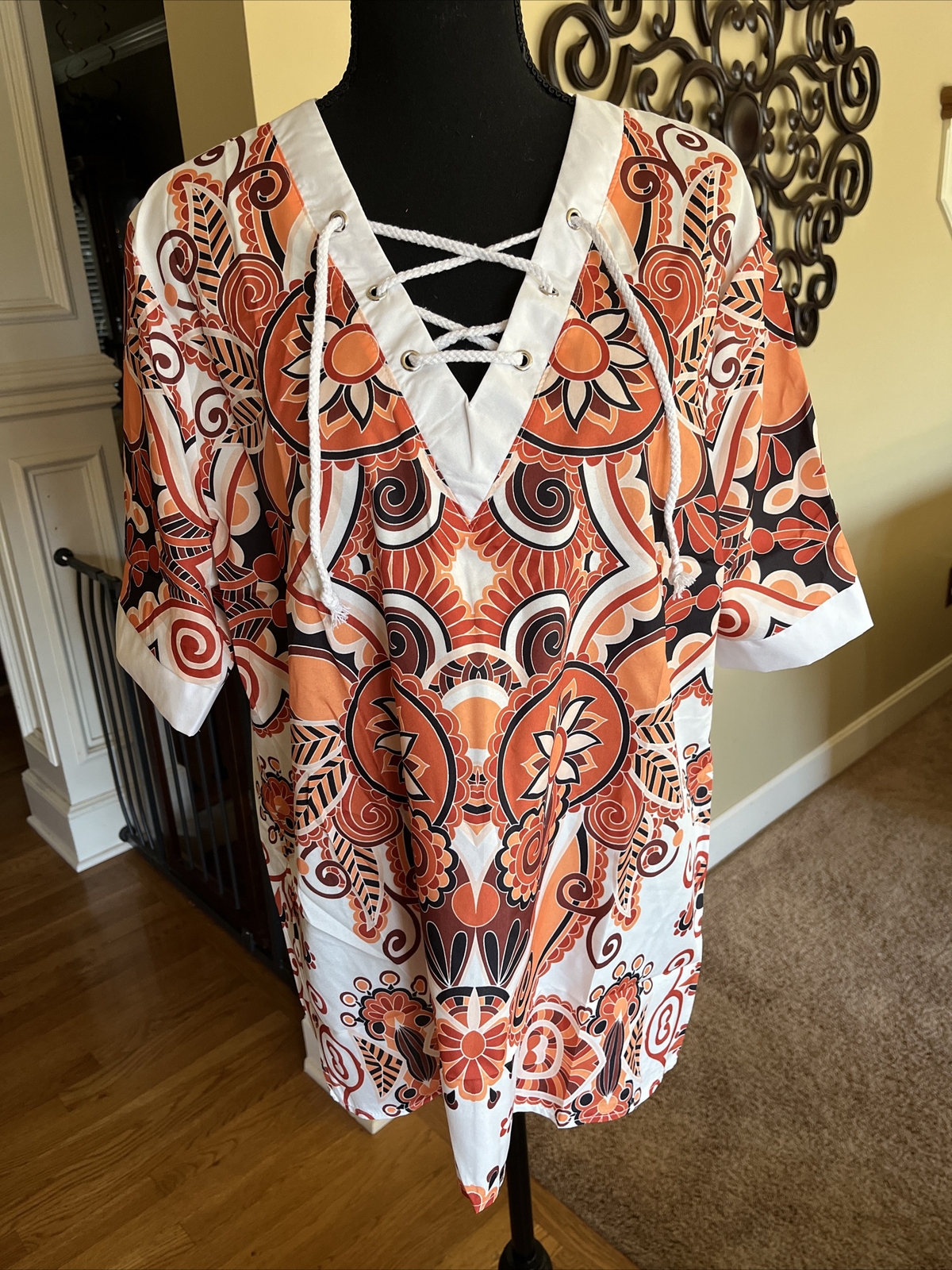 SINTEGE Unisex Tunic/Blouse Top Retro/Hippie – Drawstring- V-neck – Size Small
