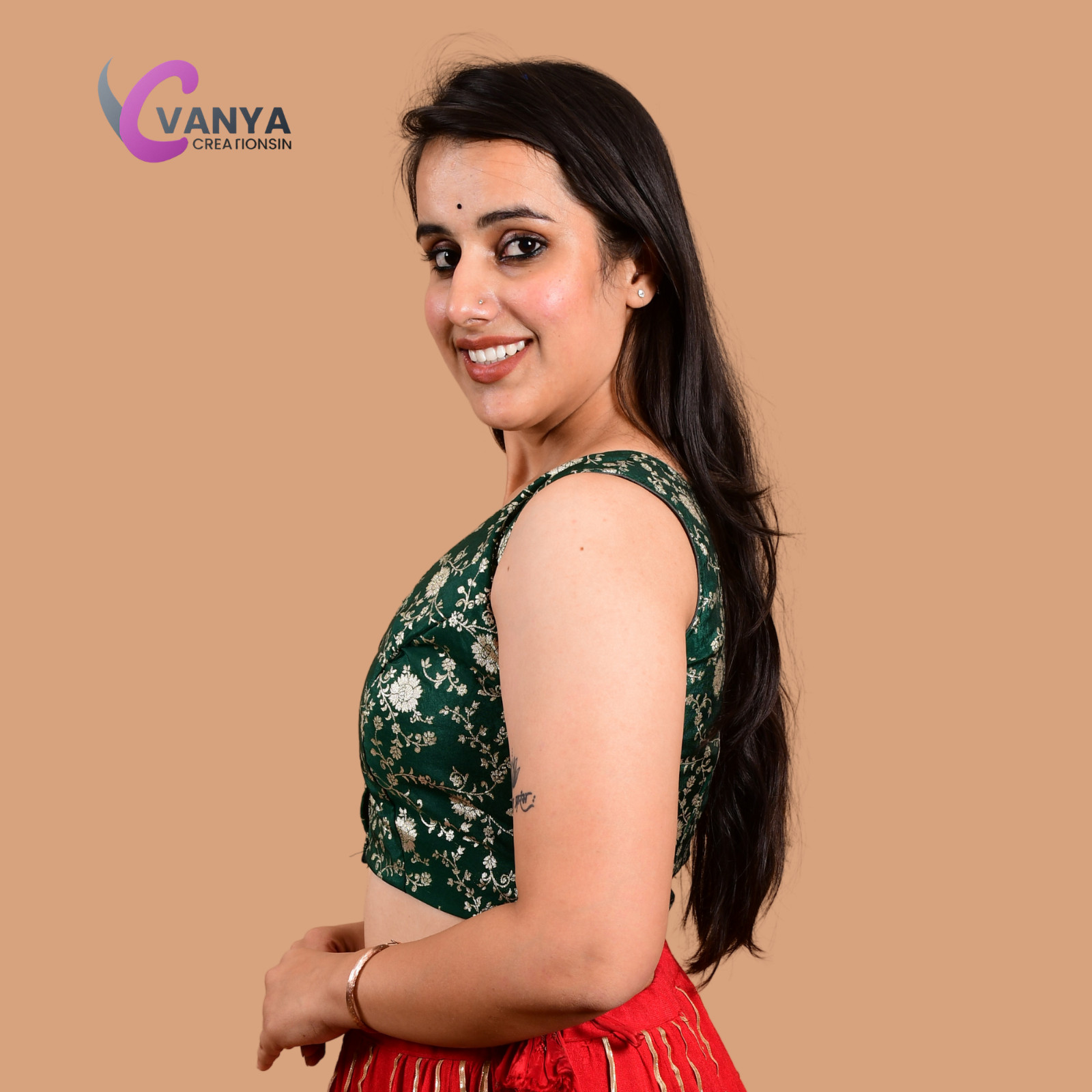 Banarasi Brocade Green Readymade Sleeveles Saree Blouse Top for Women