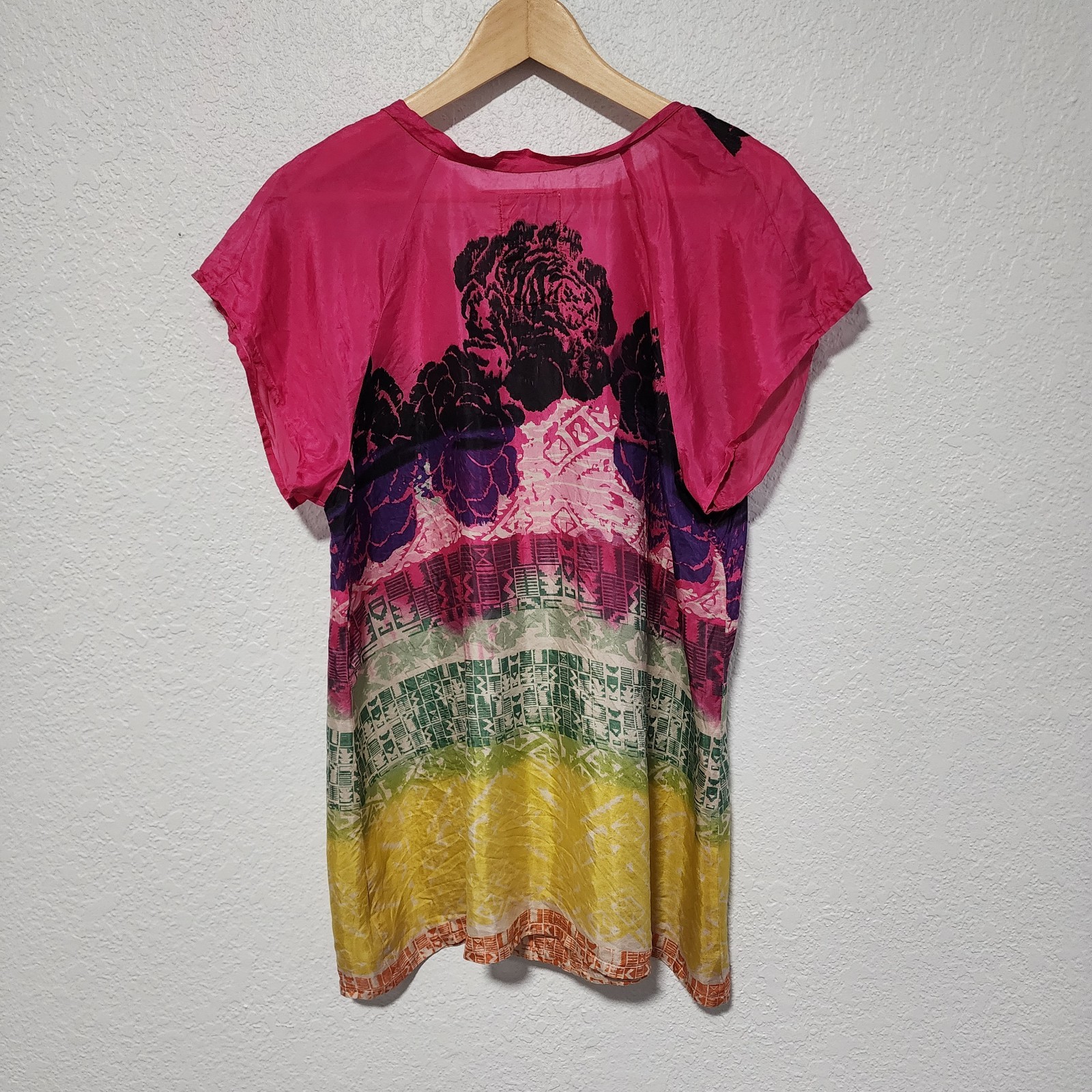 Johnny Was Blouse Short Sleeve Boxy Fit Vibrant Colors 100% Silk Medium Festival