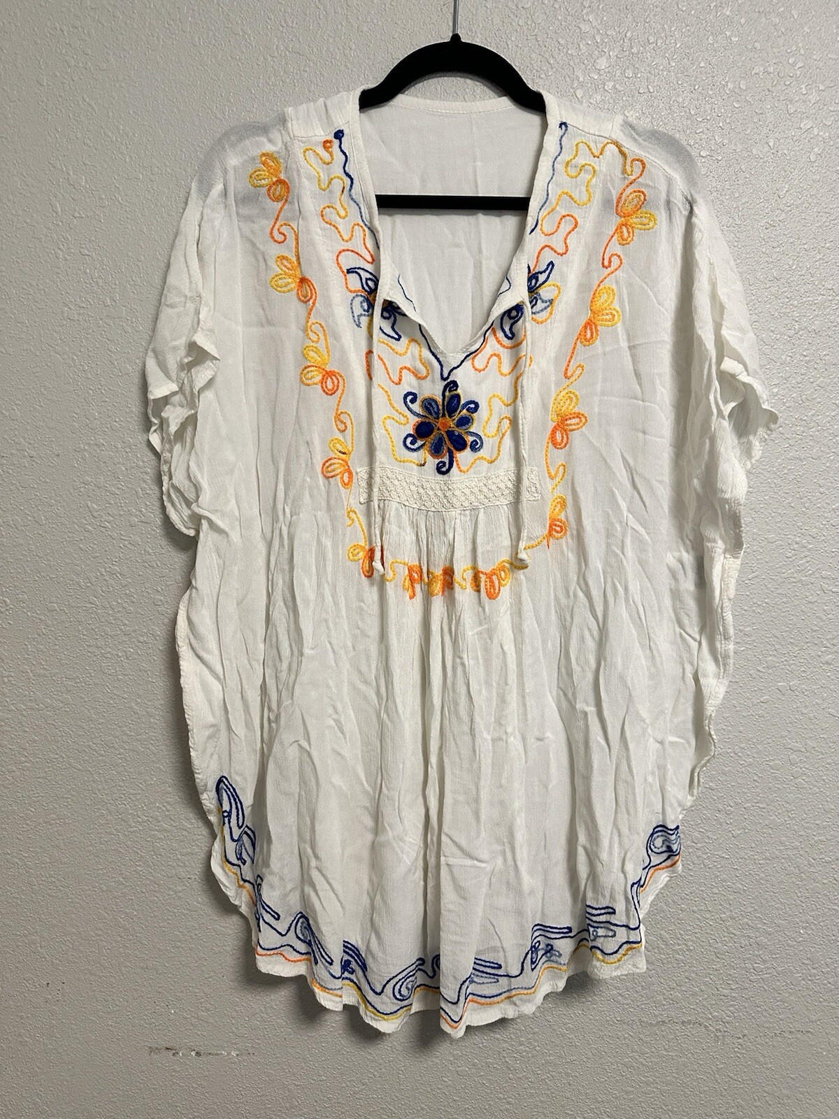MayaPareosNatural Wear Women’s White Gauzy Tunic Floral Embroidered Hippie Boho