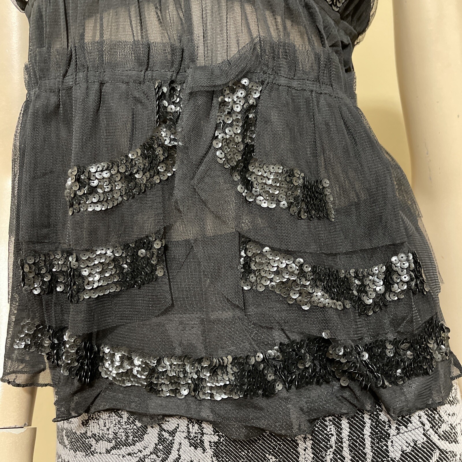 Women’s Black Polyester Cocktail Layered Lace Beaded Pleated Size L Blouse Top