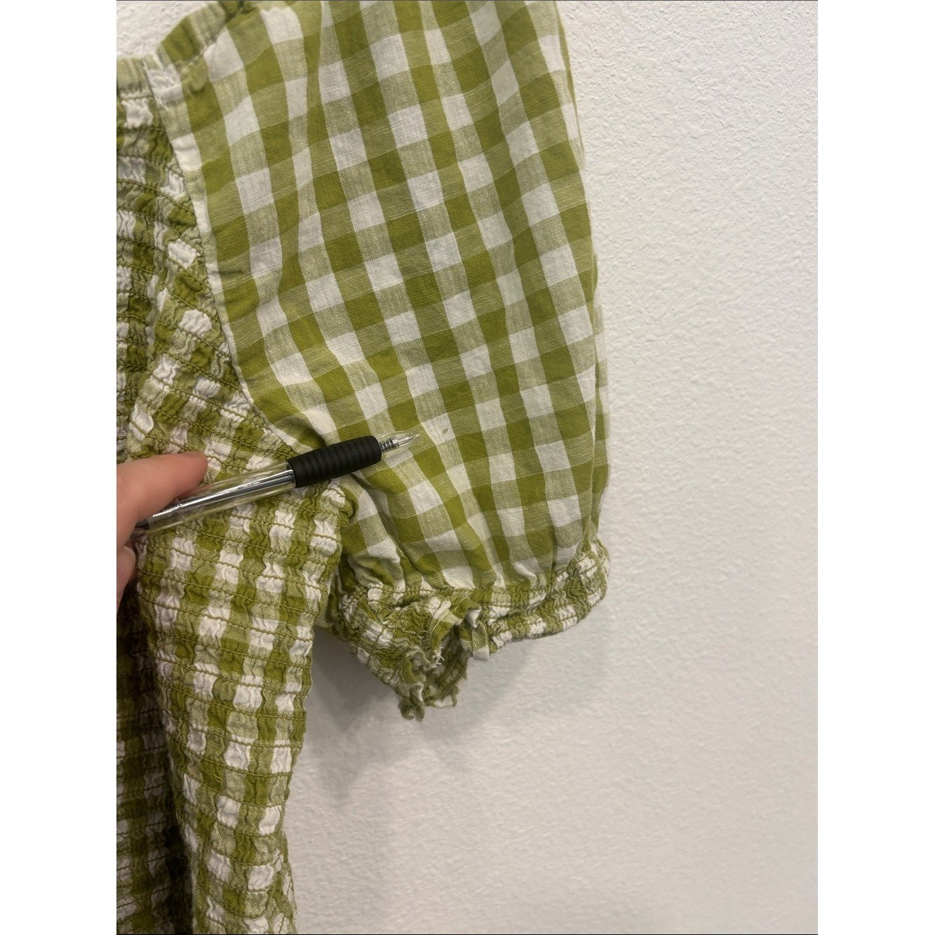 Madewell Green and White Gingham Smocked Off-Shoulder Top Women XL