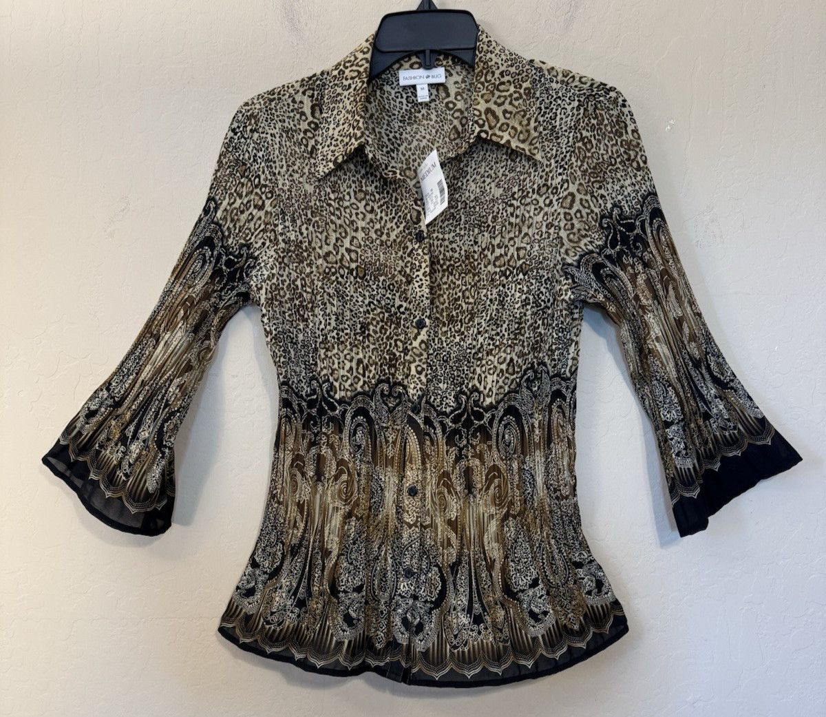 Fashion Bug Blouse Women M Pleats ButtonUp Sheer Paisley Fairy Y2K Accordion NEW