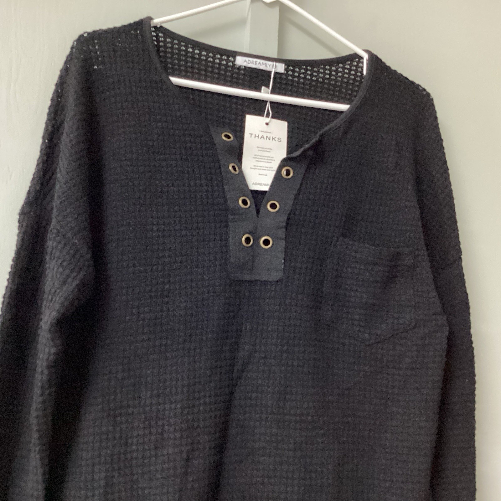 ADREAMLY Black Semi-Sheer Blouse Women’s Size Medium Waffles Studs Hole Knit New