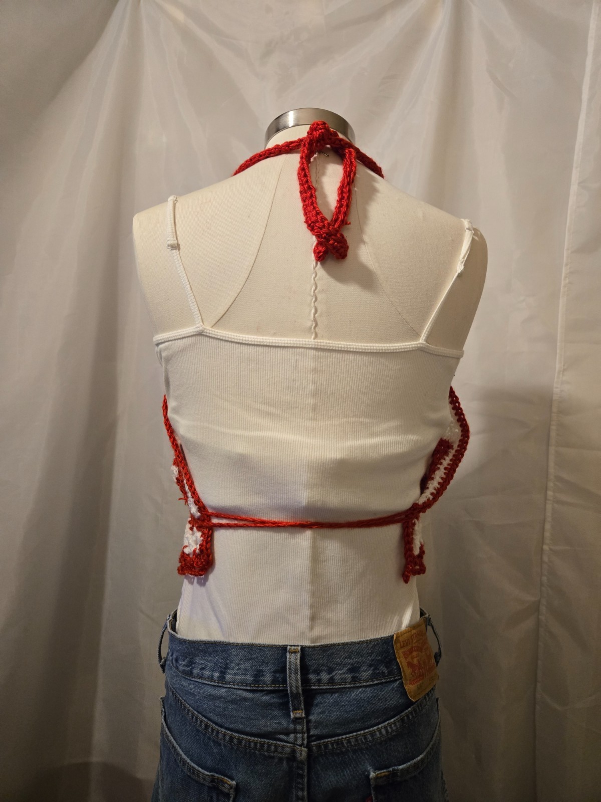 New Red White Blue Granny square Halter top Draw string tie Handmade Crocheted