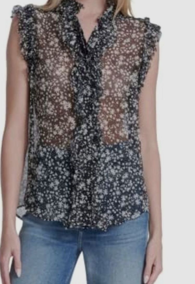 $229 7 For All Mankind Womens Black Cotton Floral Print Ruffle Top Size M
