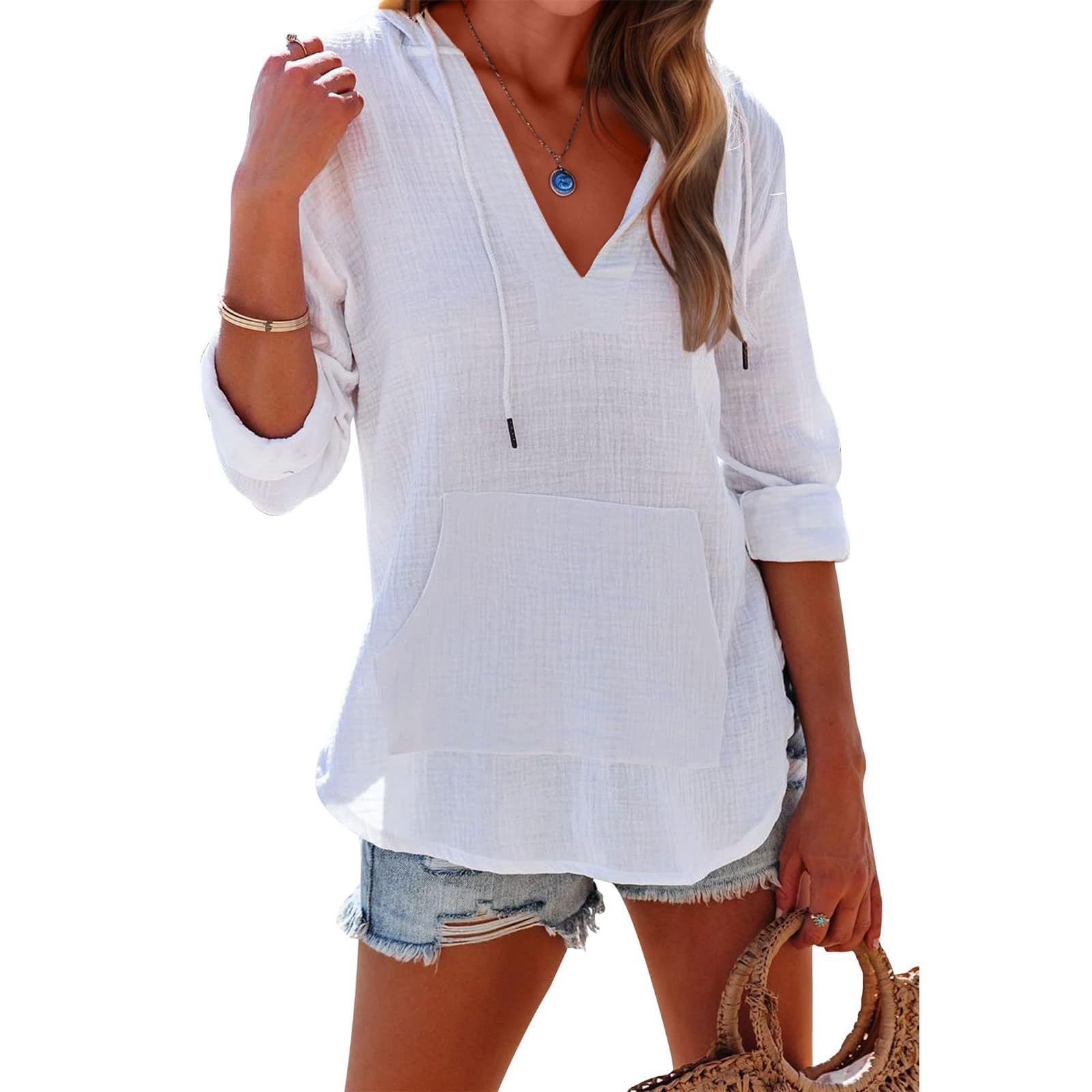 V-neck Hooded Shirt With Pockets, Long-sleeved