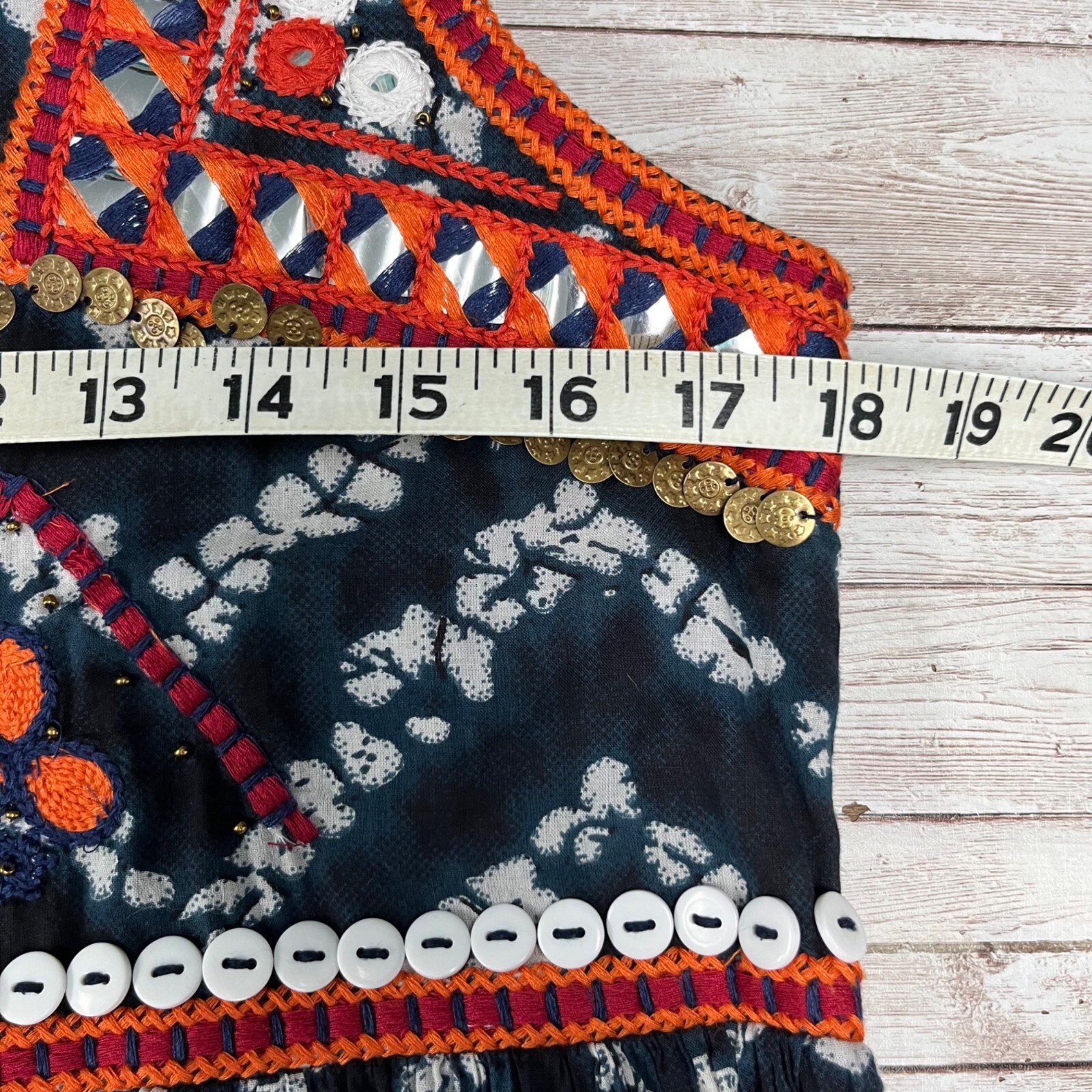 SMALL S Indigo Moon Boho Sleeveless India Print Navy Batik Bangles Mirrors Top