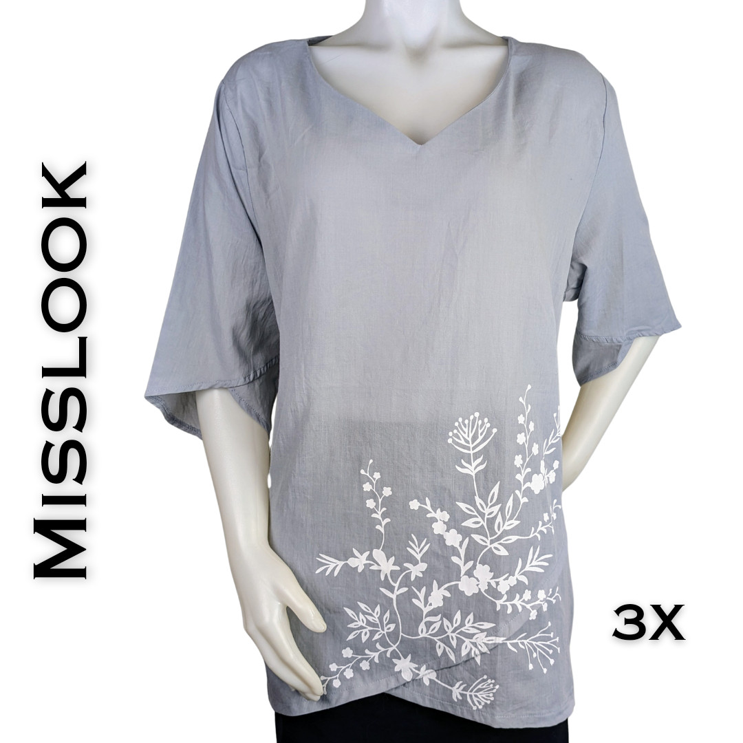 Misslook Tunic Top 3X Gray White Floral V-Neck Short Half Sleeve Lightweight