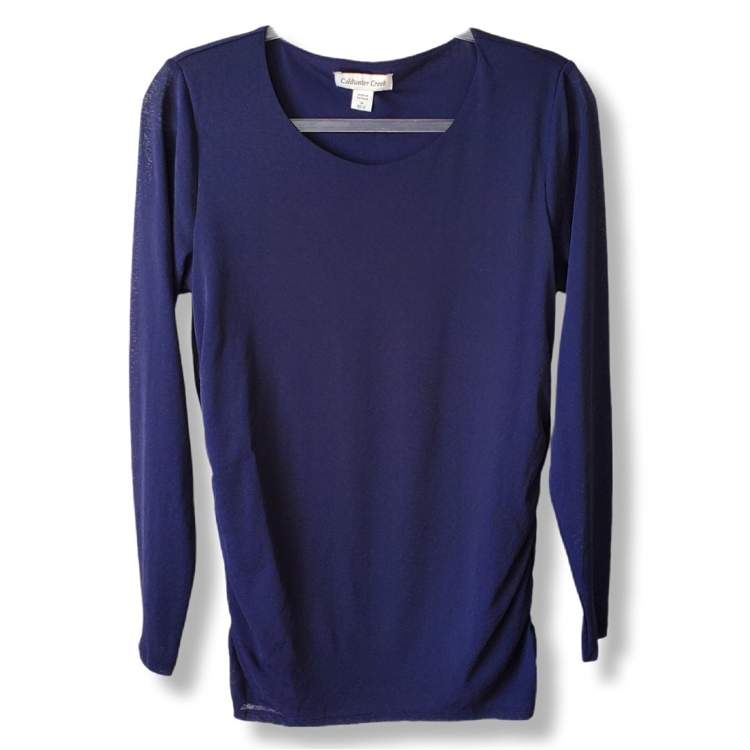 Women Blue Stretch Gathered Side Long Sleeve Top M Modern Minimal Casual Basic