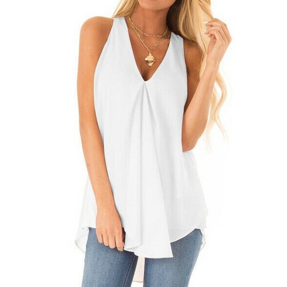 Women Chiffon Casual Loose Sleeveless Blouse V Neck Summer Tunic Tank Tops Shirt