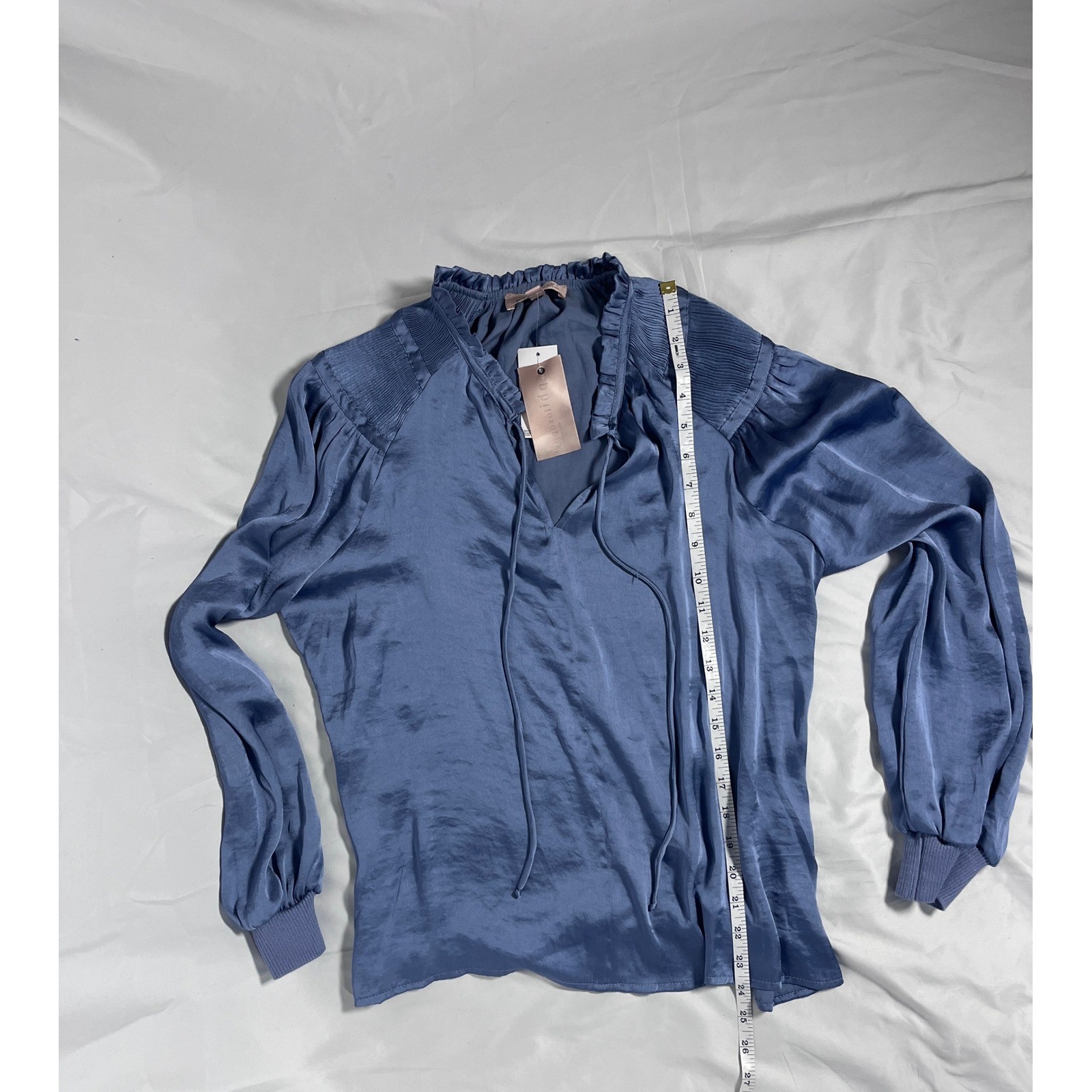 NWT Philosophy Satin Blouse Medium Blue Long Sleeve Boho Romantic Office Top