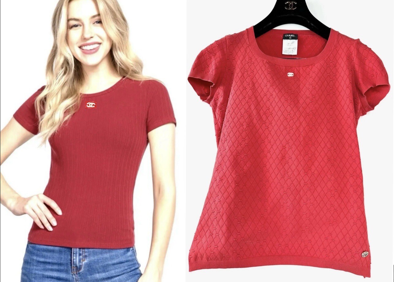 3K Chanel 2014 Barbie Red Sweater Top 36 38 40 4 6 8 T-Shirt White CC Logo S M