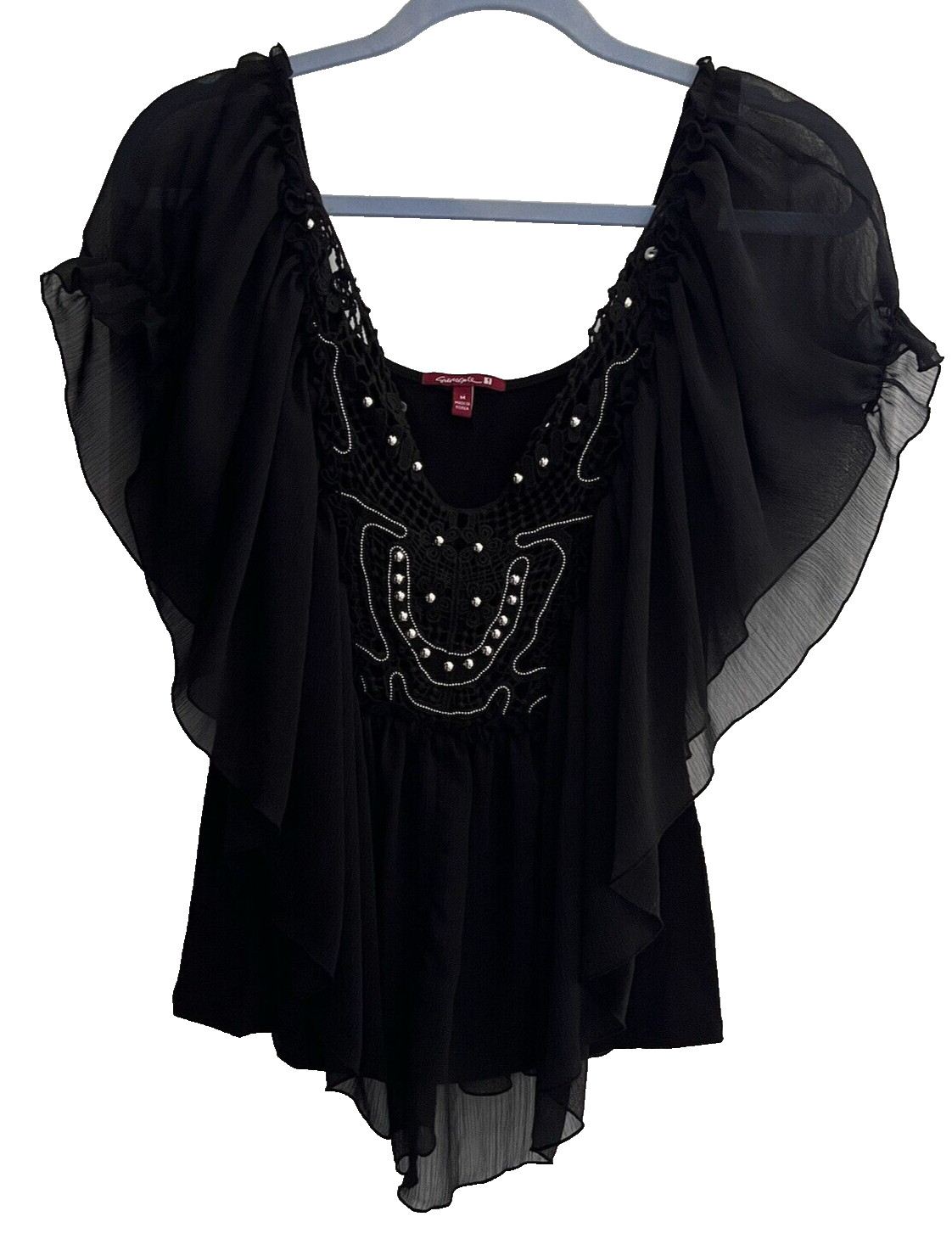 Black Crochet Neck Flowy Blouse Top Shirt Size Medium V-Neck Made In Korea