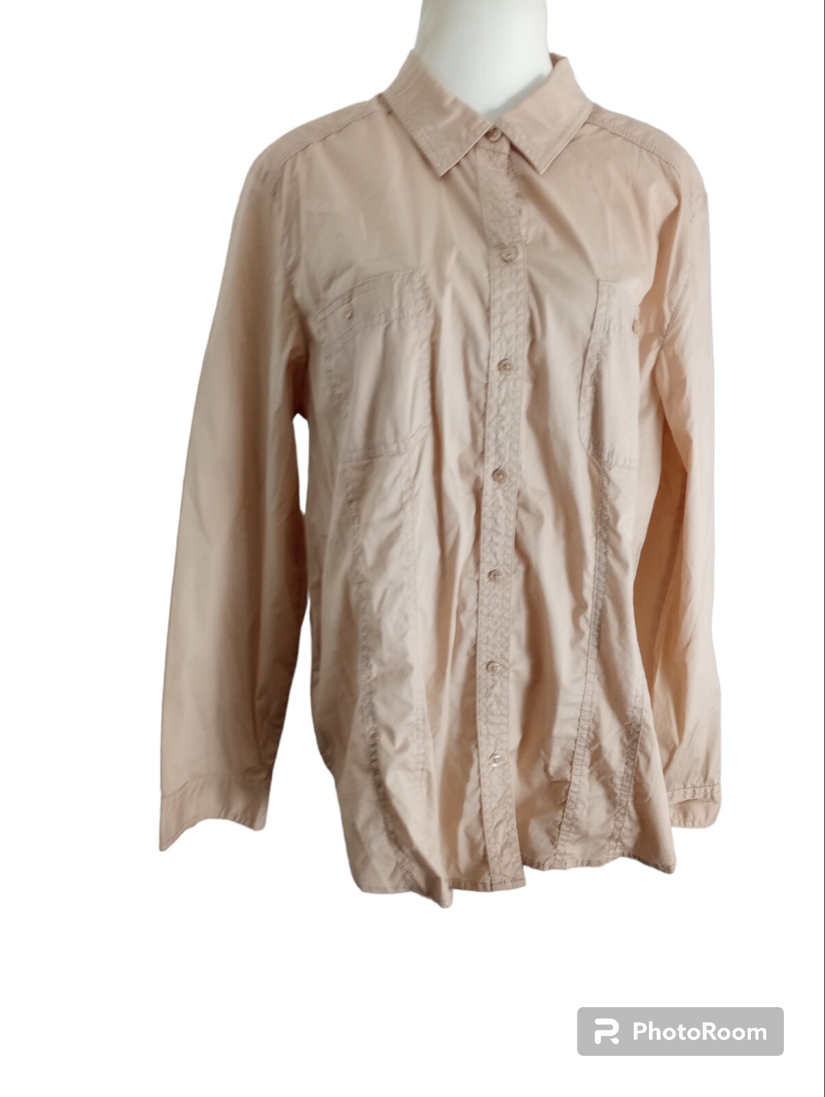 Chicos 2 Button Up Blouse Collared Shirt Long Tunic Pockets Front L Blush Tan