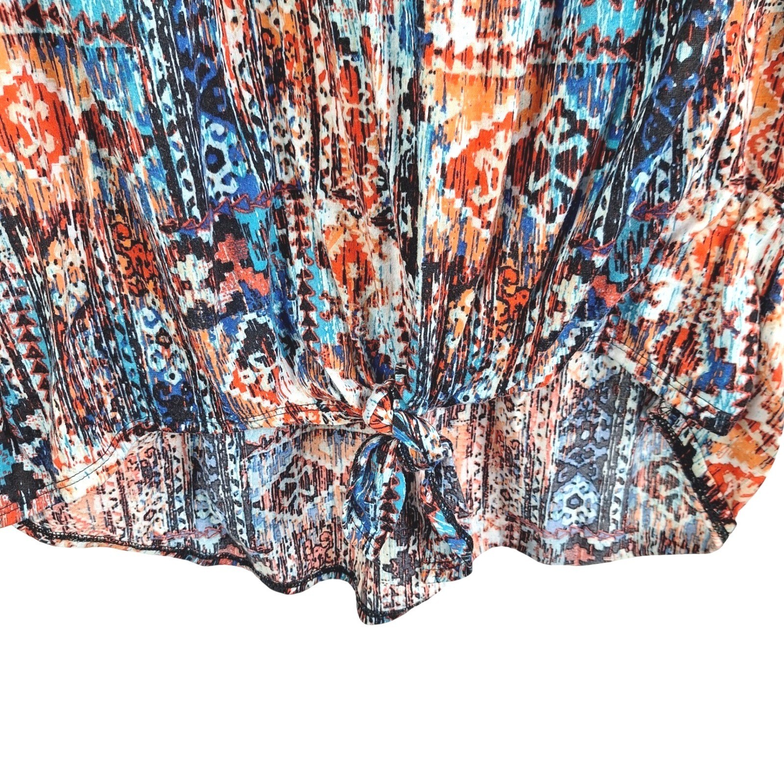Boho Geometric Ikat Print Tie Front Top with Crochet Lace Sleeves Blue Orange XL