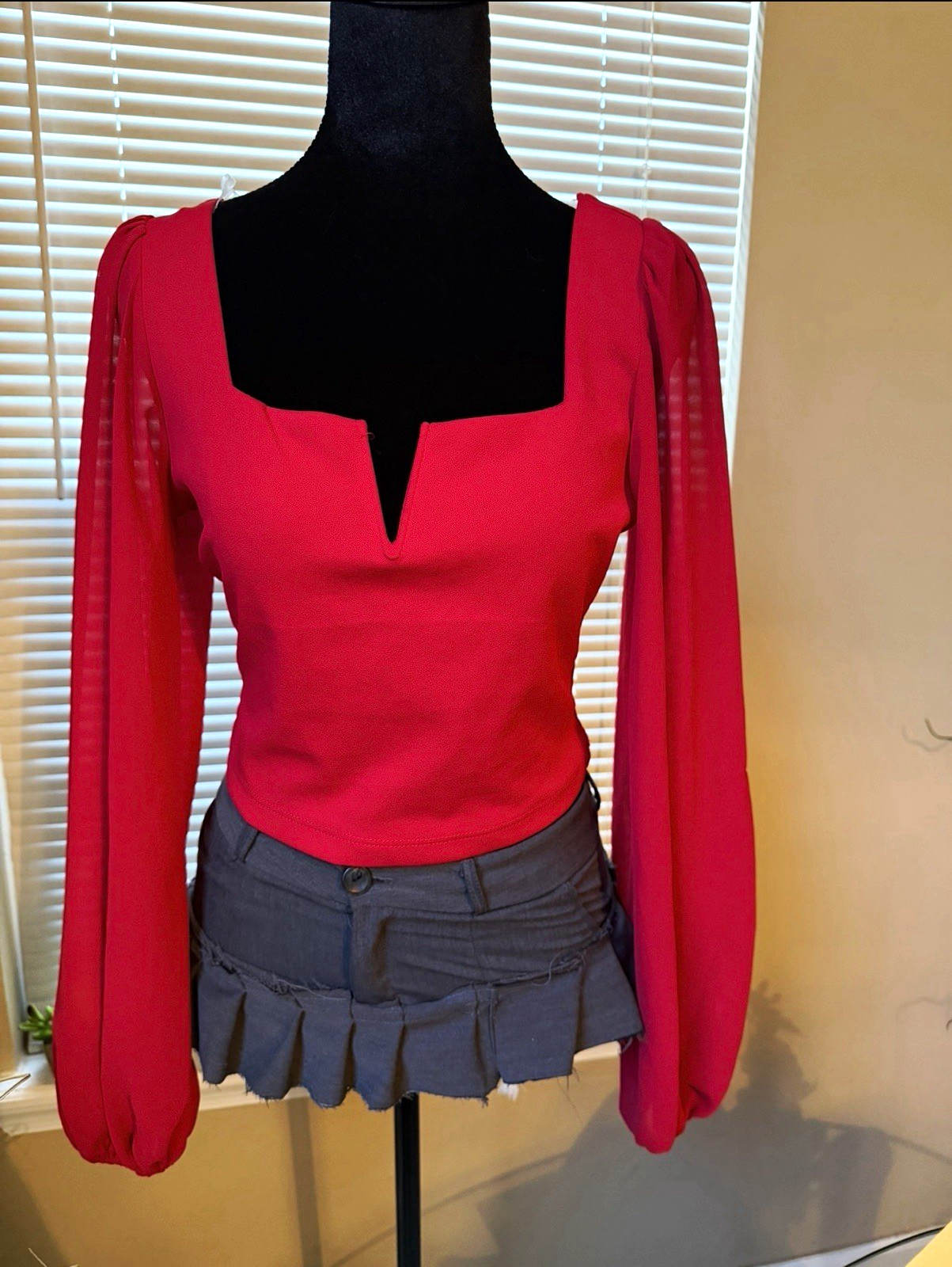 Top 10 Women’s M Red Chiffon Square Neck Cutout Puff Sleeve Crop Blouse