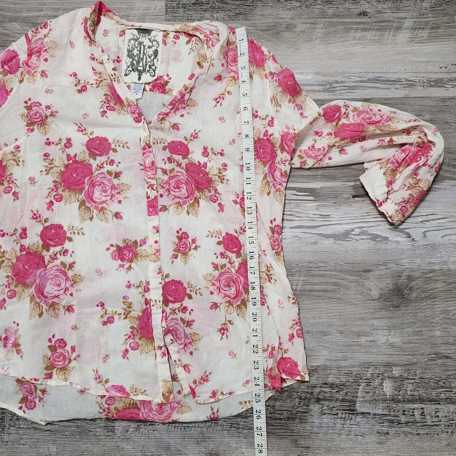 Jak Blouse Extra Large Pink Floral Button Down V Neck 100% Cotton USA Made