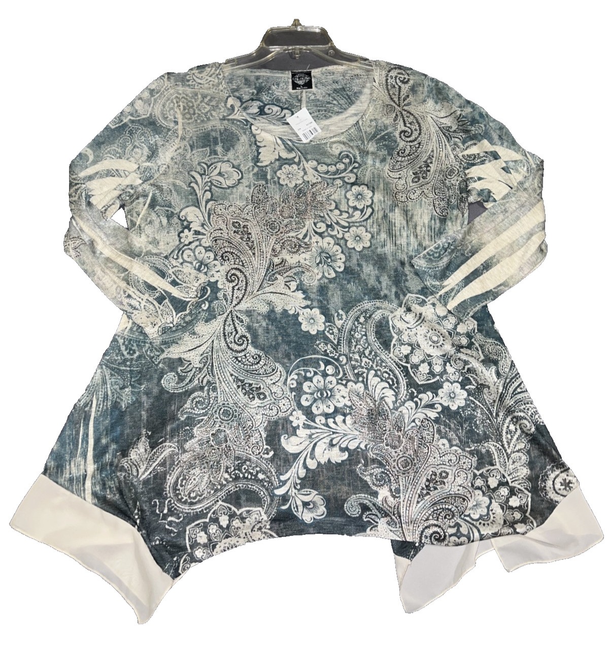 Cal Style Top Women’s Size L Green Beige Embellished Asymmetrical Floral Tunic