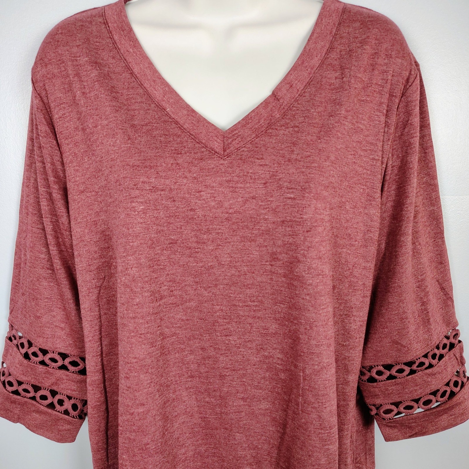 Womens Wine Red Heathered V-Neck Top Crochet Lace 3/4 Sleeve Large NWT Boho