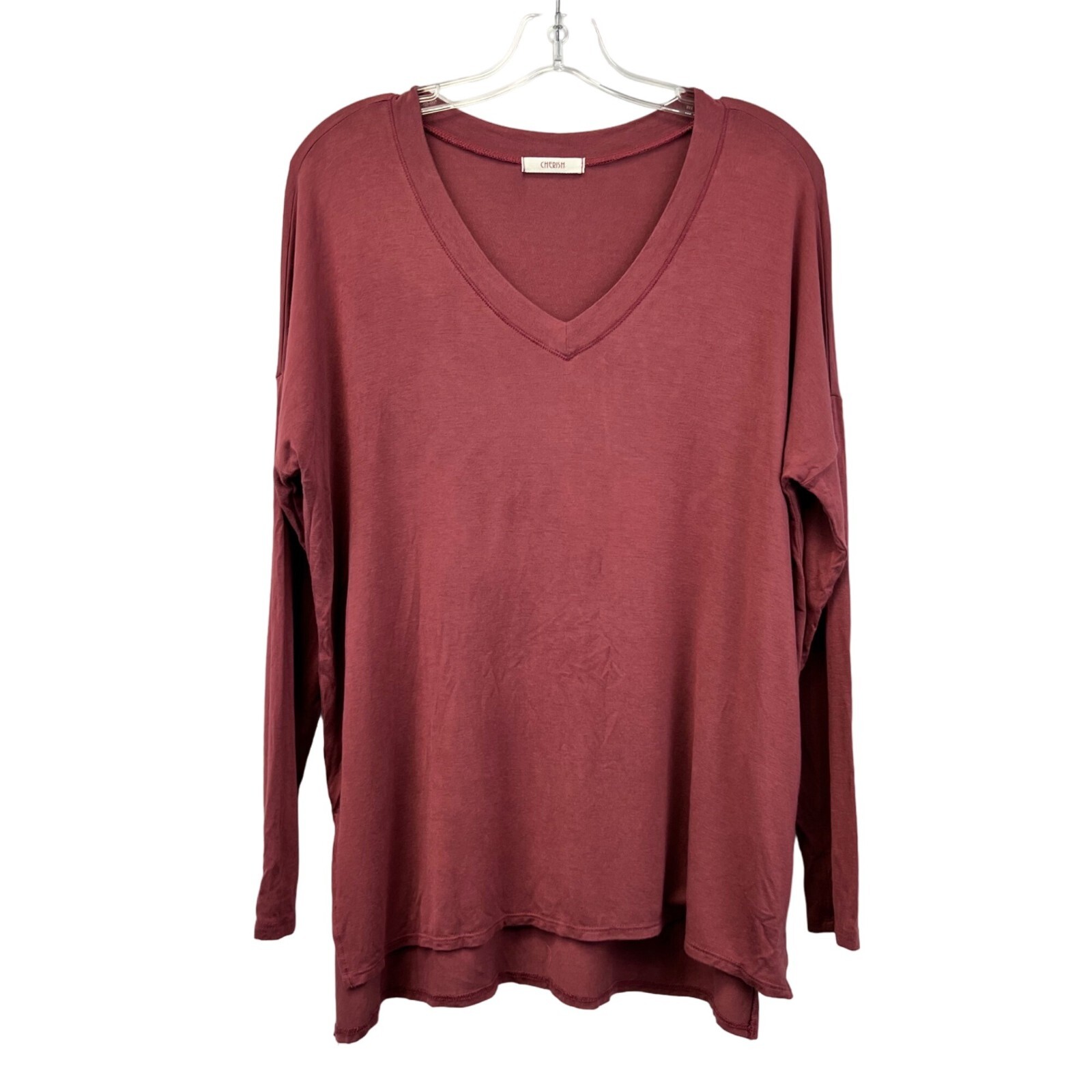 Cherish Womens Long Sleeve V-Neck Rosewood Oversized Top Vented Sides Small