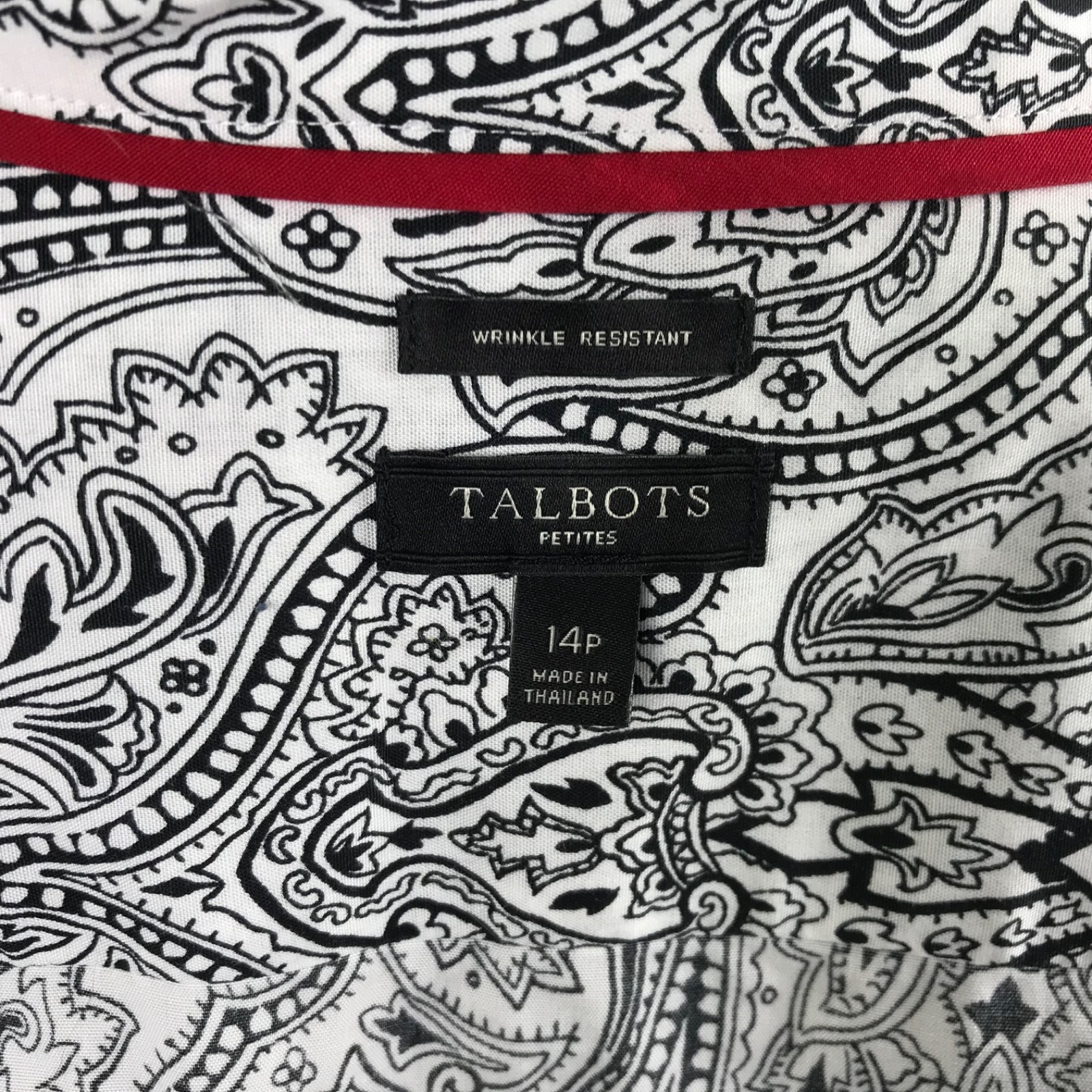 Talbots Wrinkle Resistant Button Up Shirt Size 14 Petite Black White Paisley