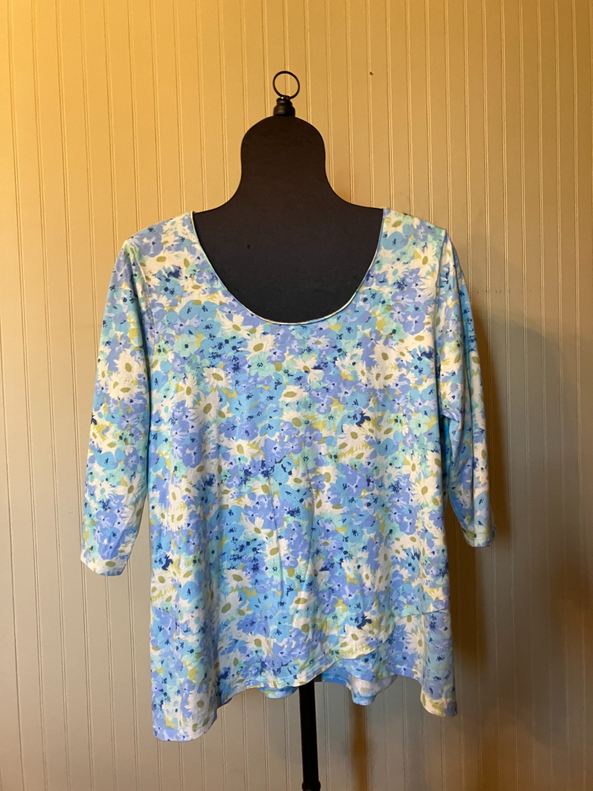 J Jill ~2X~Blue/Yellow ~Sweet Daisy Garden Floral~3/4 SLV ~Soft Layered Knit Top