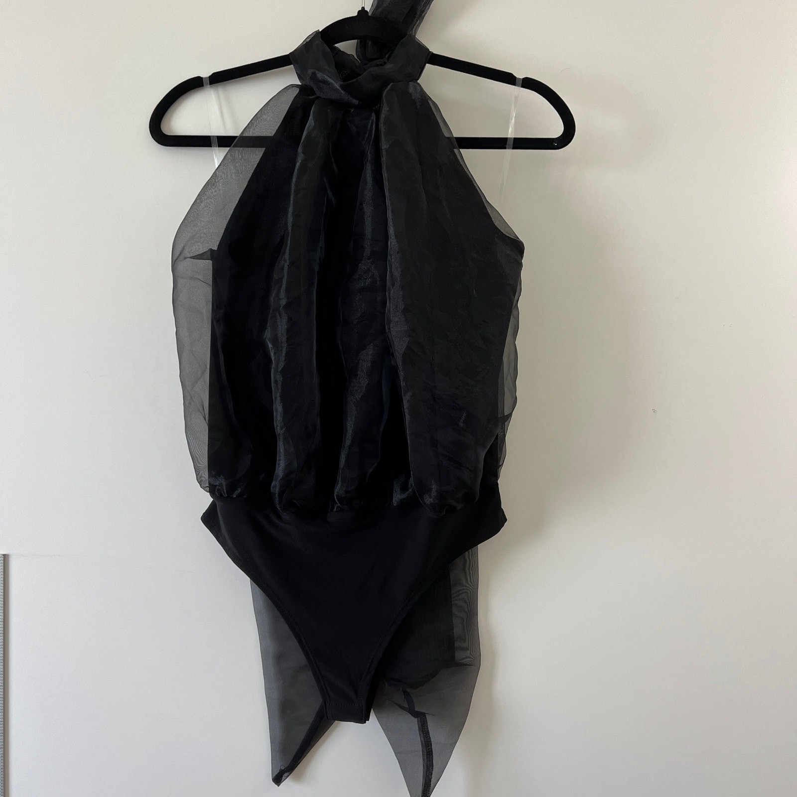 Klesis Bodysuit Womens Medium Black Organza Sheer Halter Mock Neck Thong **