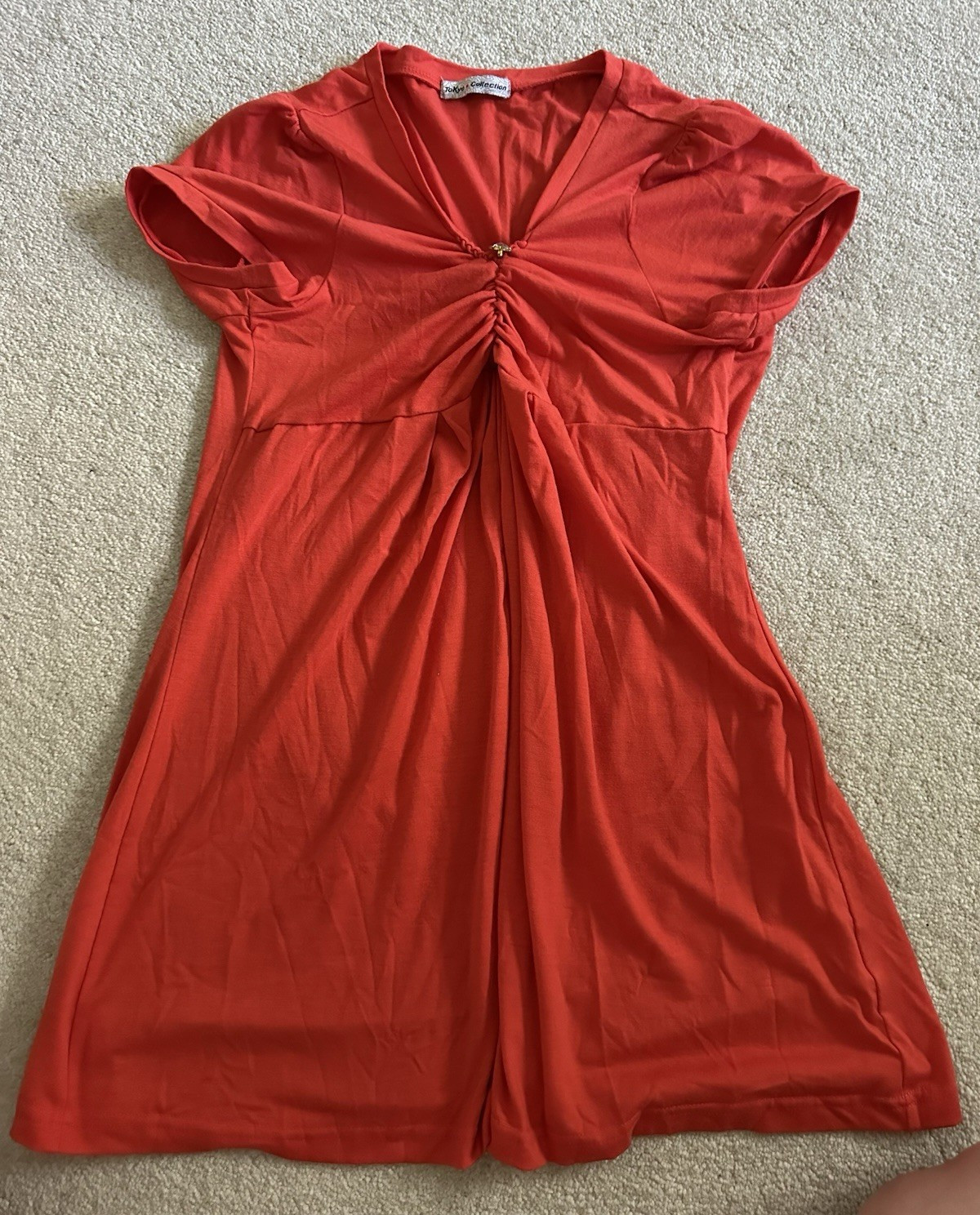 Tokyo Collection Women’s Orange Solid V-Neck Ruched Rhinestone Tunic Top M