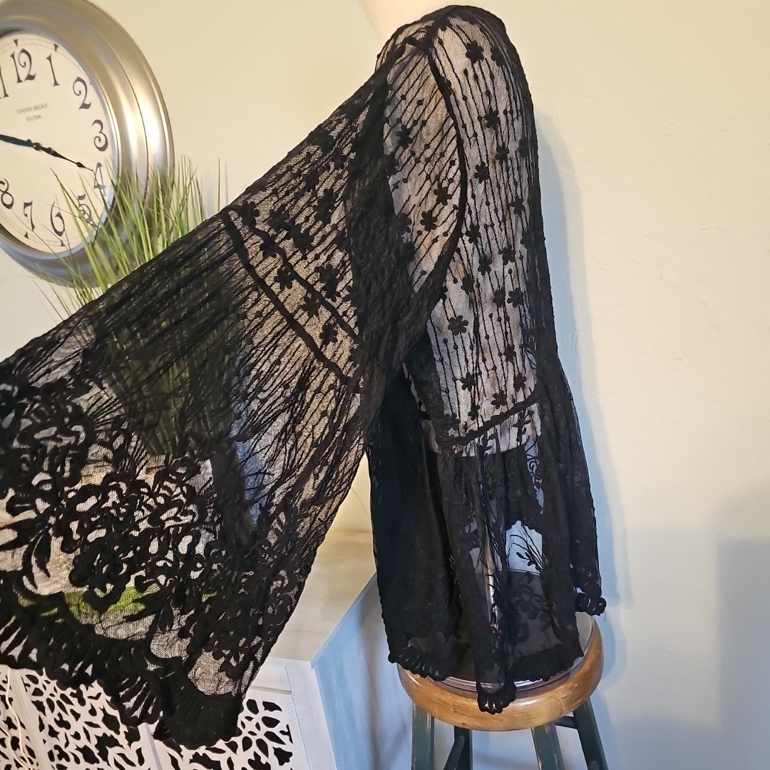 Lane Bryant 22/24W Black Lace Button Up Embroidered Mesh Blouse Goth Punk Emo