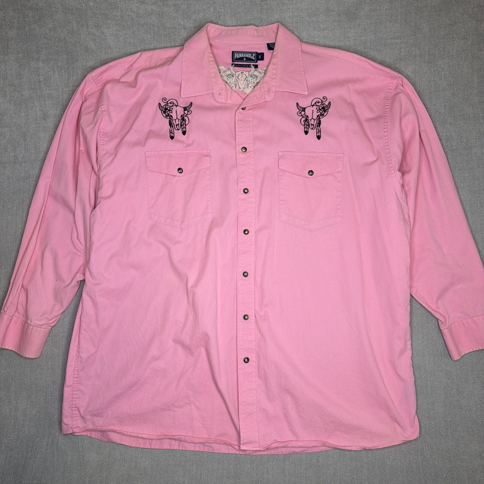 Vintage 90s Panhandle Slim Pink Pearl Snap Western Gun Skull Embroidered XXL