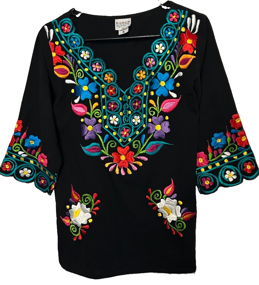 Solei Top S Black Mexican Embroidered Peasant Blouse Boho Hippie Festival Shirt