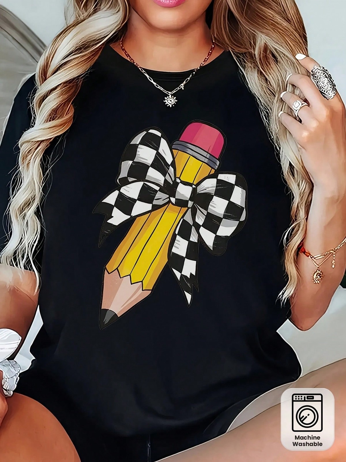 Women’s Teacher T-Shirt With Yellow Pencil Print & Checkered Bow Tie Design