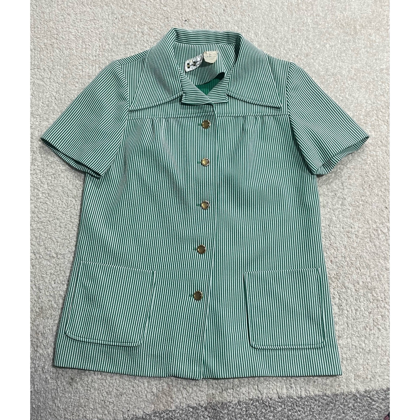 VTG Marty Gutmacher Womens M Button Up Striped Collared Green Seersucker 60s 70s