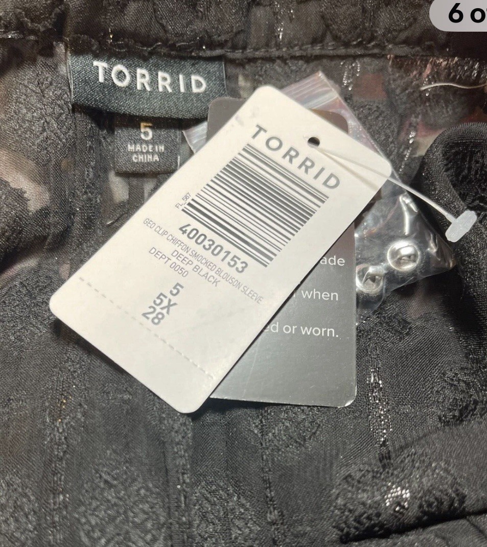Torrid +5 Black Button Sheer Geometric Clip Metallic Accent Long Sleeve Blouse