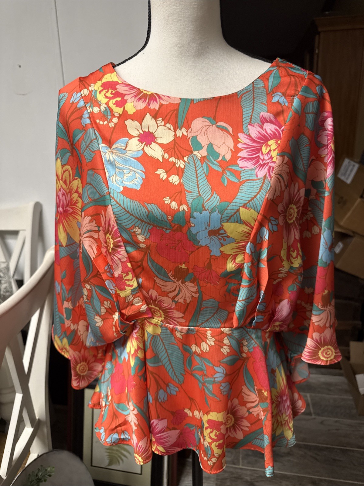 NWOT Bungee Orange Floral Waist Length Top 3/4 Sleeves Sz S