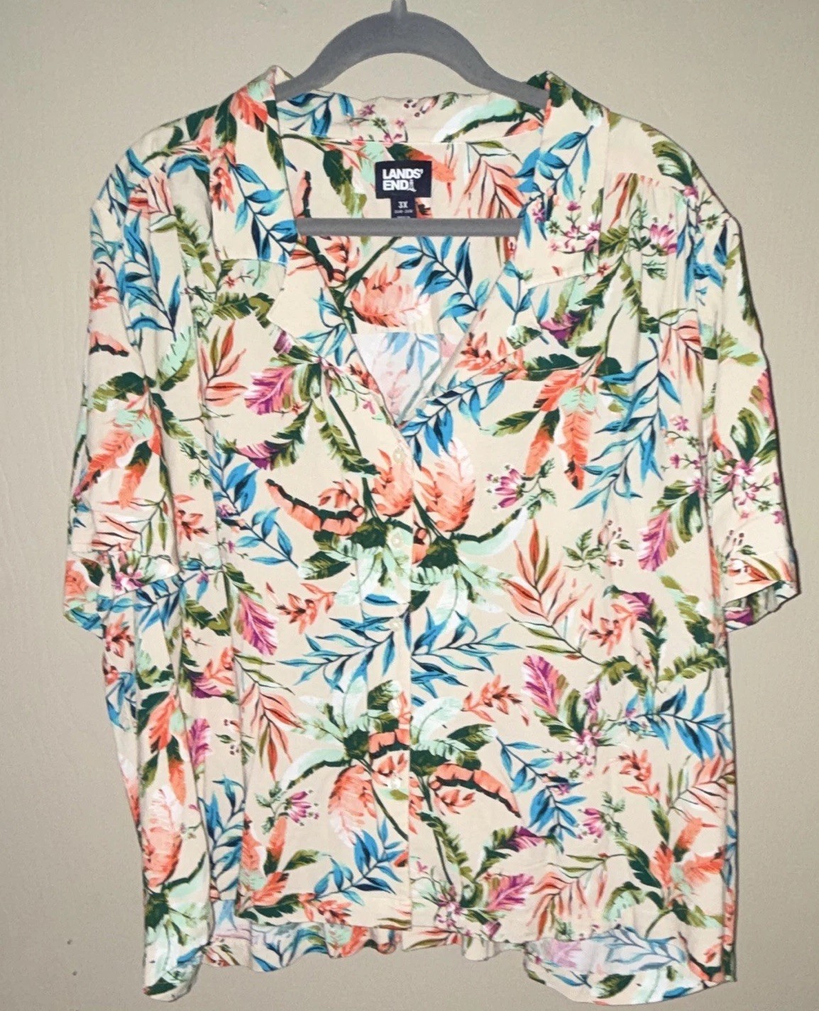 Lands End Women’s XL White Floral Tropical Cotton Short Sleeve Spread Collar NEW