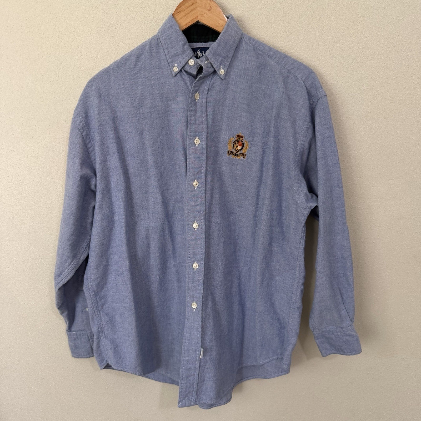 Vintage 90s Ralph Lauren The Big Oxford Shirt Womens Blue Polo Preppy Crest Logo
