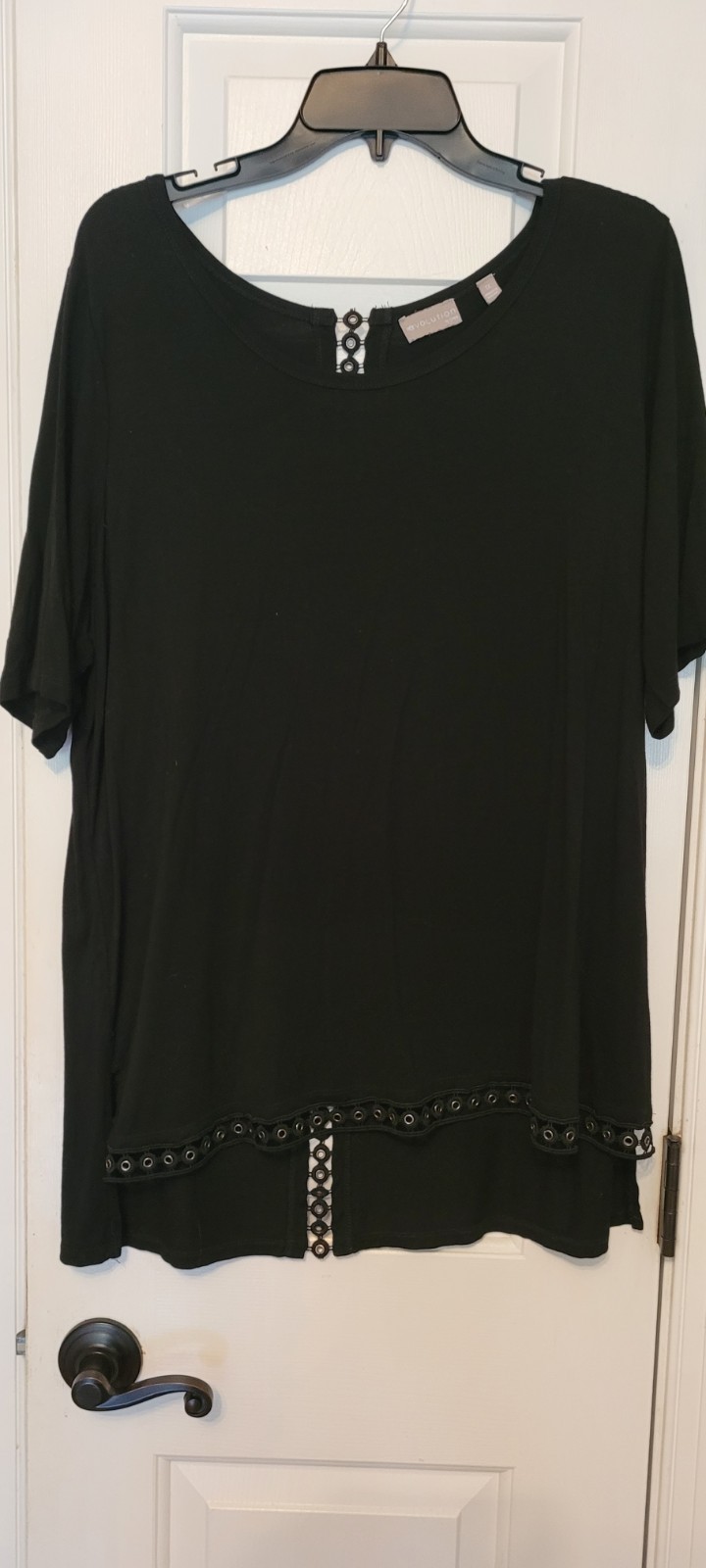Revolution Black Grommet Accented Short Sleeve Scoop Neck Stretch top, 1X
