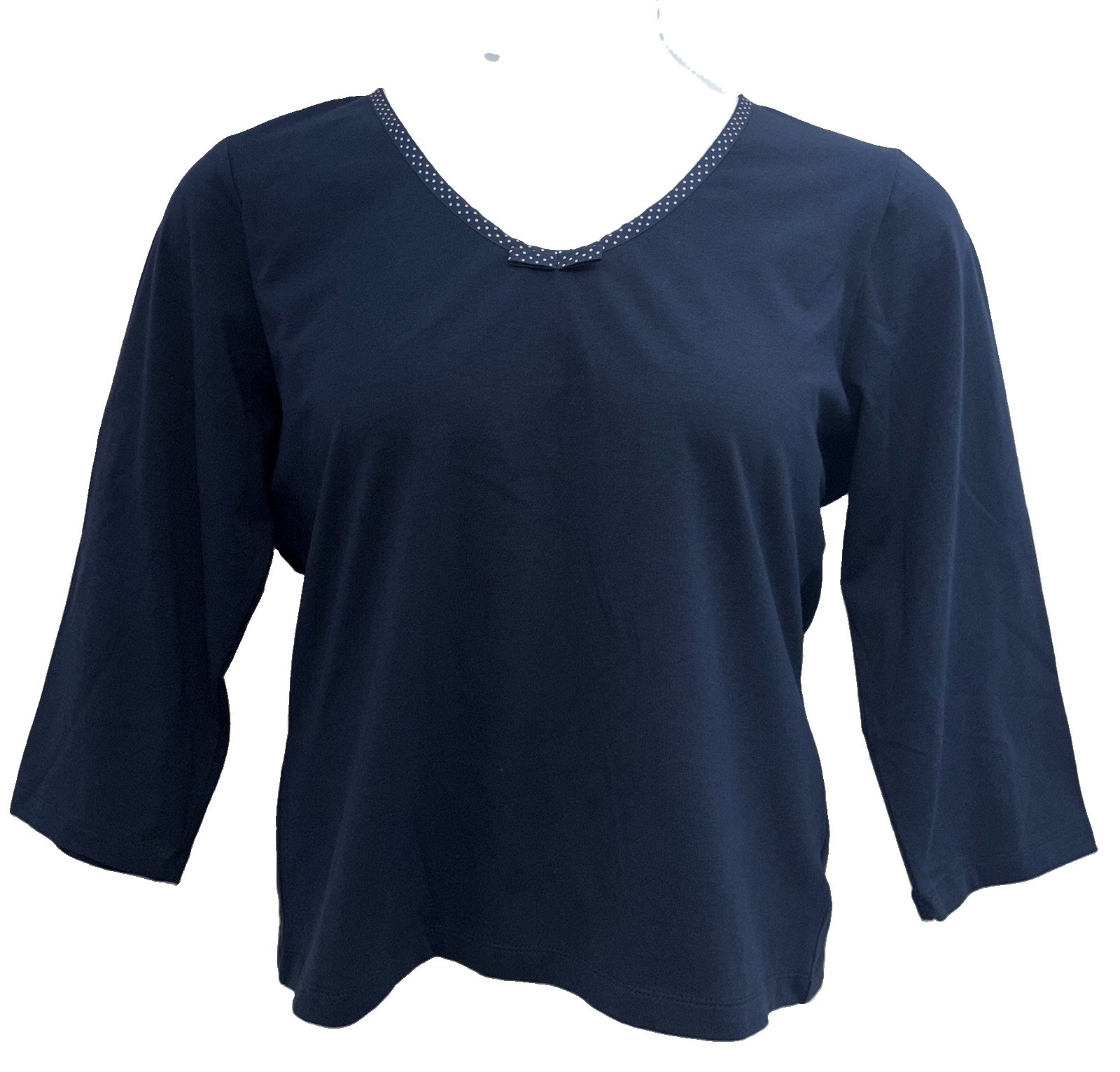 Liz Claiborne Women Size XL Pullover 3/4 Sleeve Polka Dot V-Neck Top Navy w/Bow