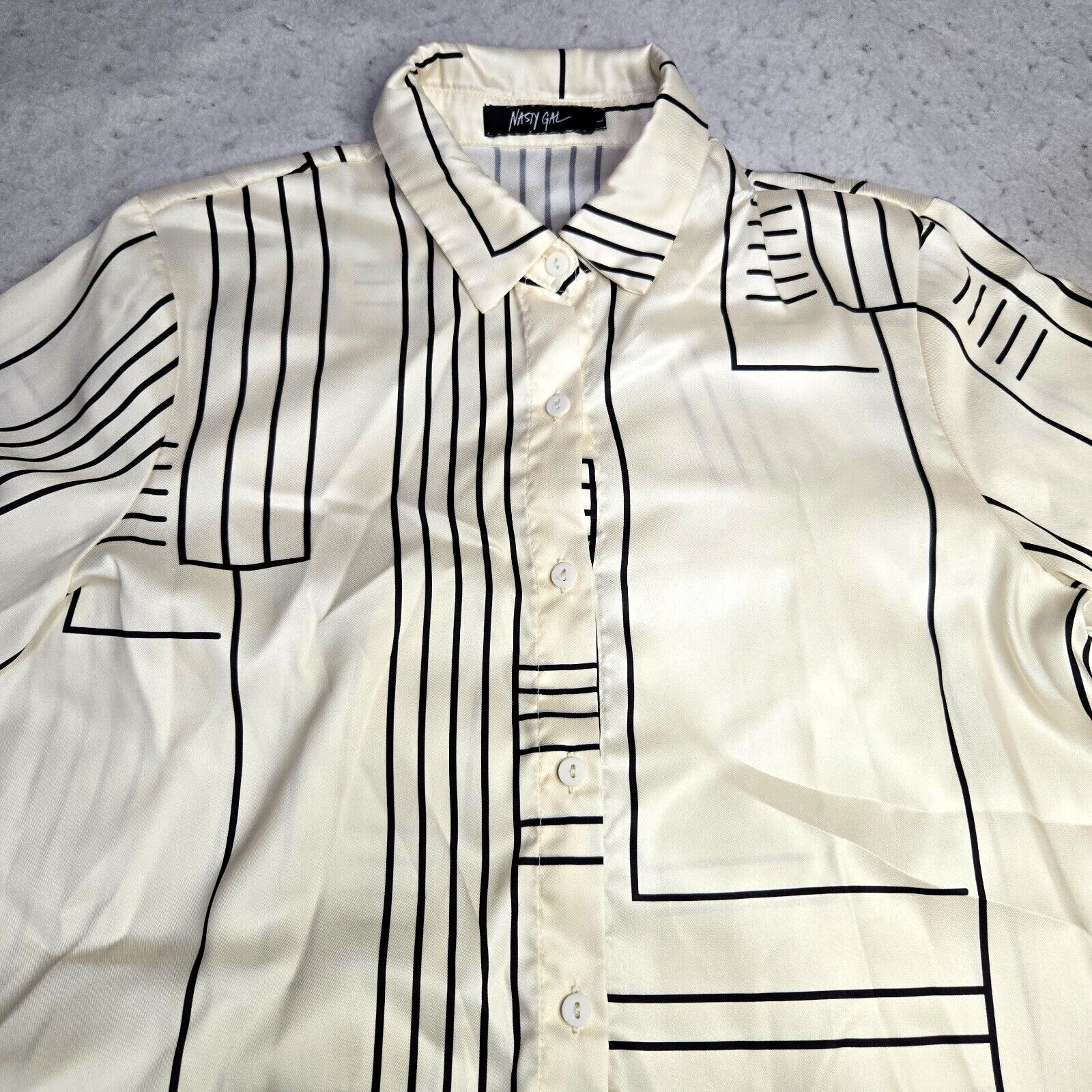 Nasty Gal Womens Blouse Sz L Ivory Black Button-Up Long Sleeve