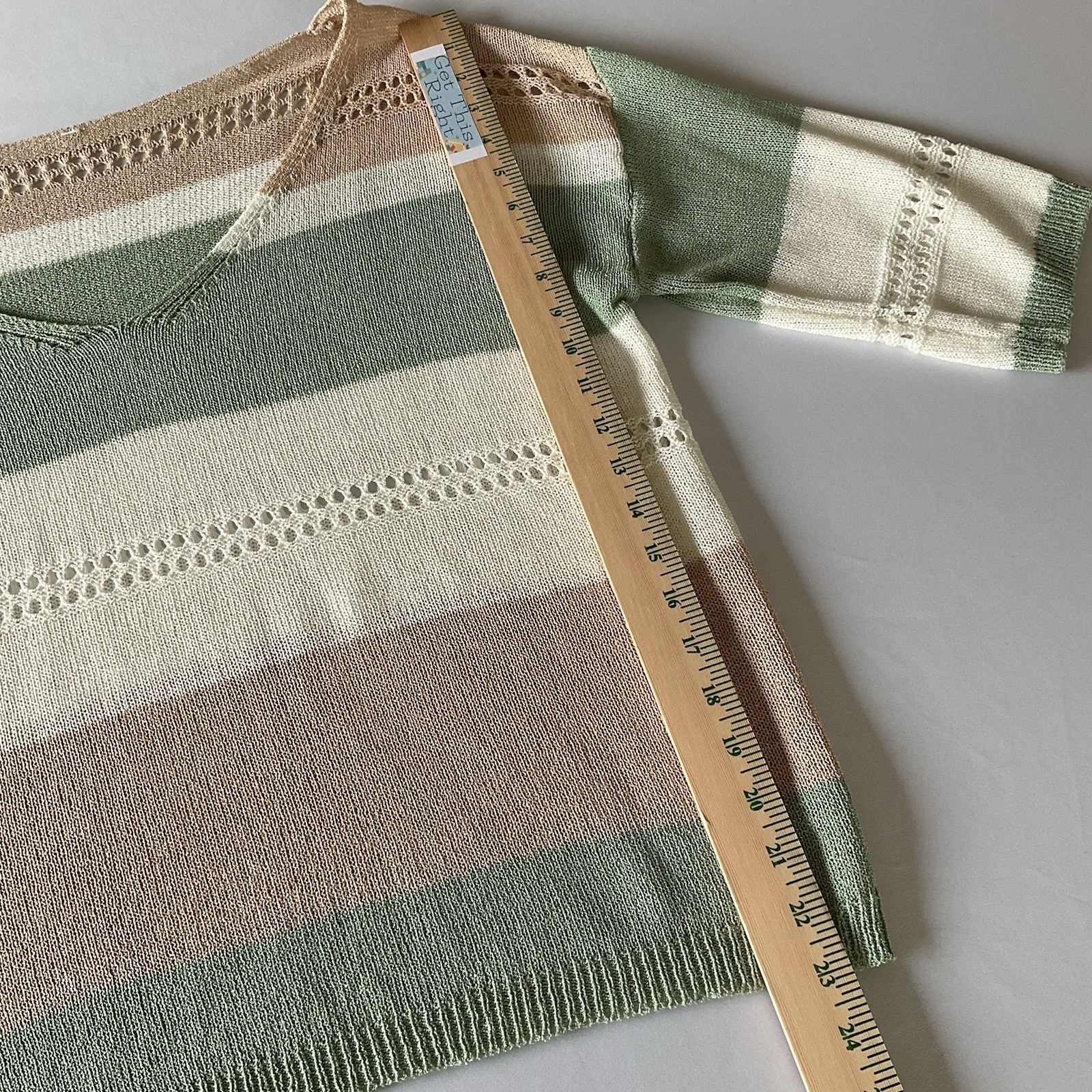 Women’s Oversized Open Knit Short Sleeve Sweater Top Green Beige Striped Size M