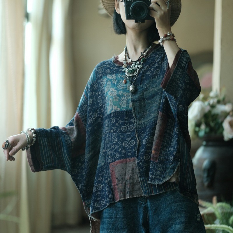 Vintage Patchwork Indigo Cotton Top Loose Wabi Sabi Blouse