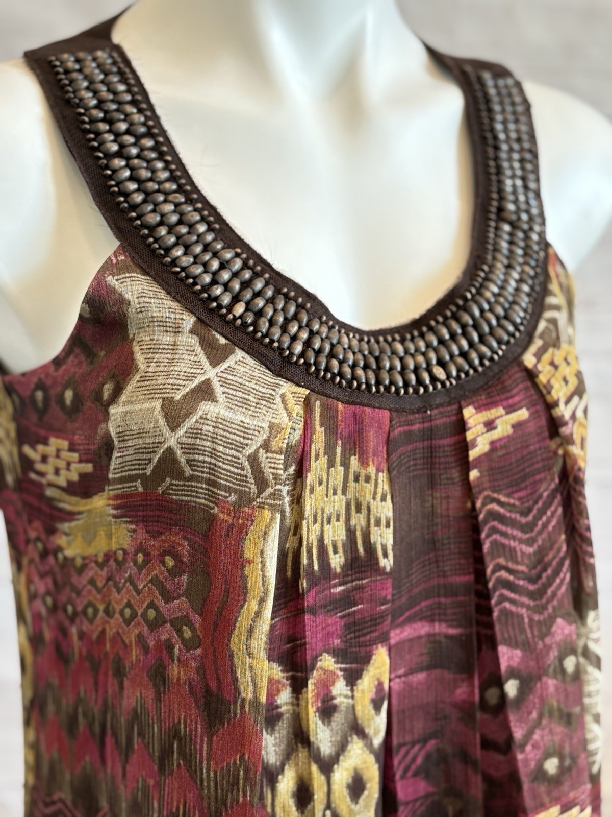 ZAC & RACHEL Aztec Tunic Top Size Small Bohemian Beaded Neckline Lined Brown