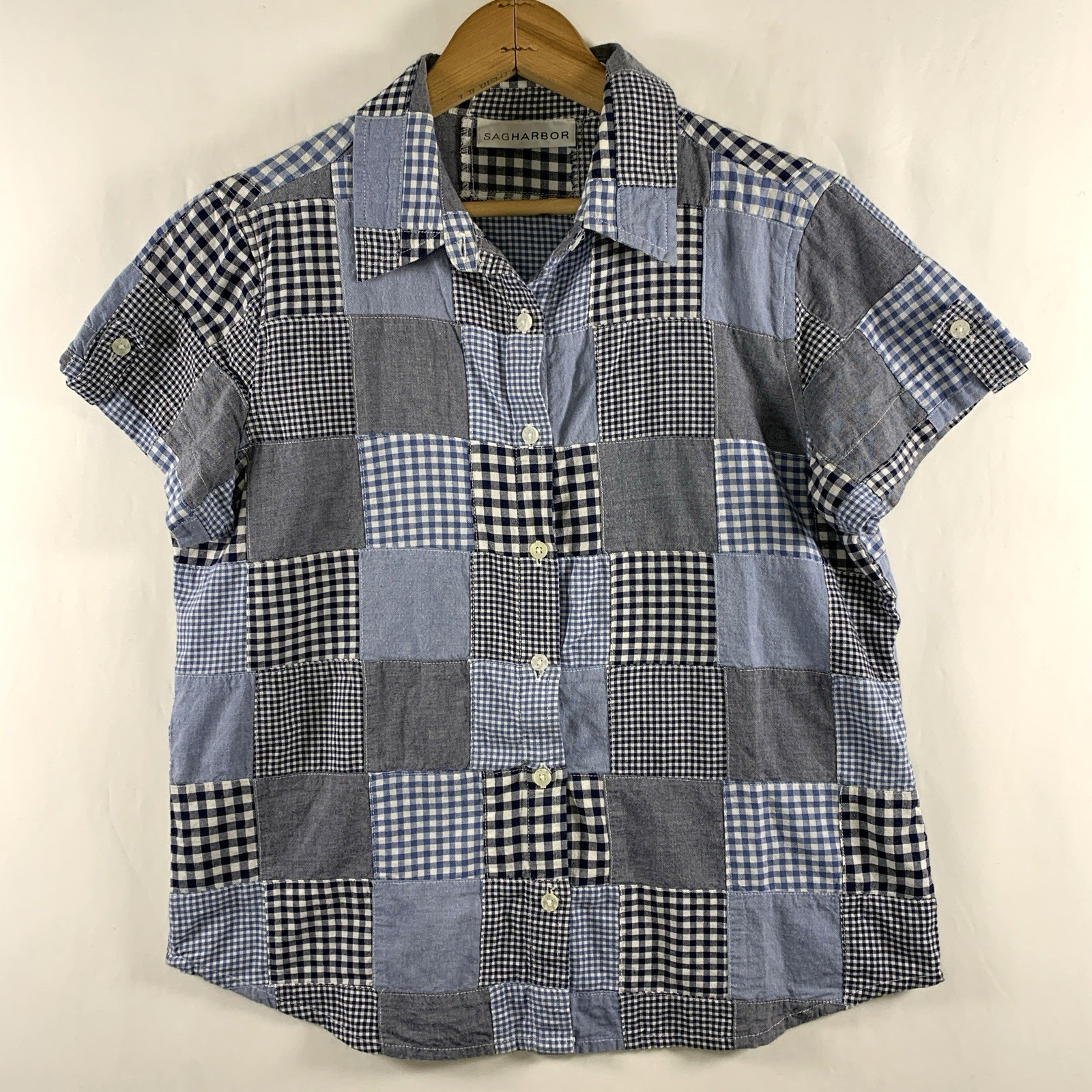 Womens Patchwork Plaid Short Sleeve Button Top Sz S Boxy Farm Cottage Americana