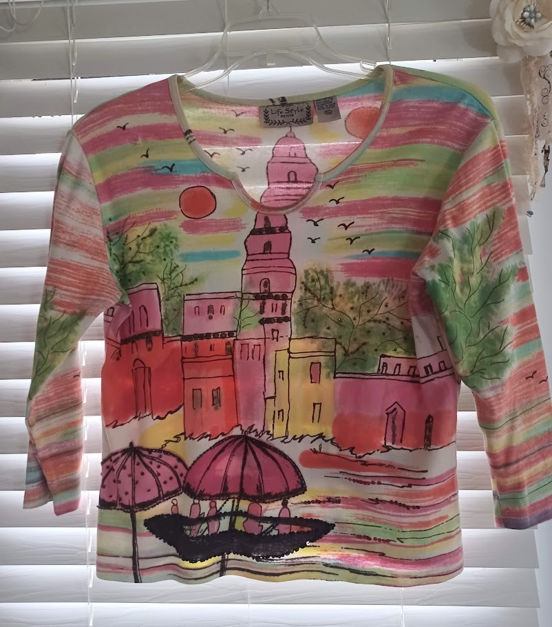 Life Style Scenic Art Print Embellished Top PL 3/4 Sleeve Boho Travel Cotton