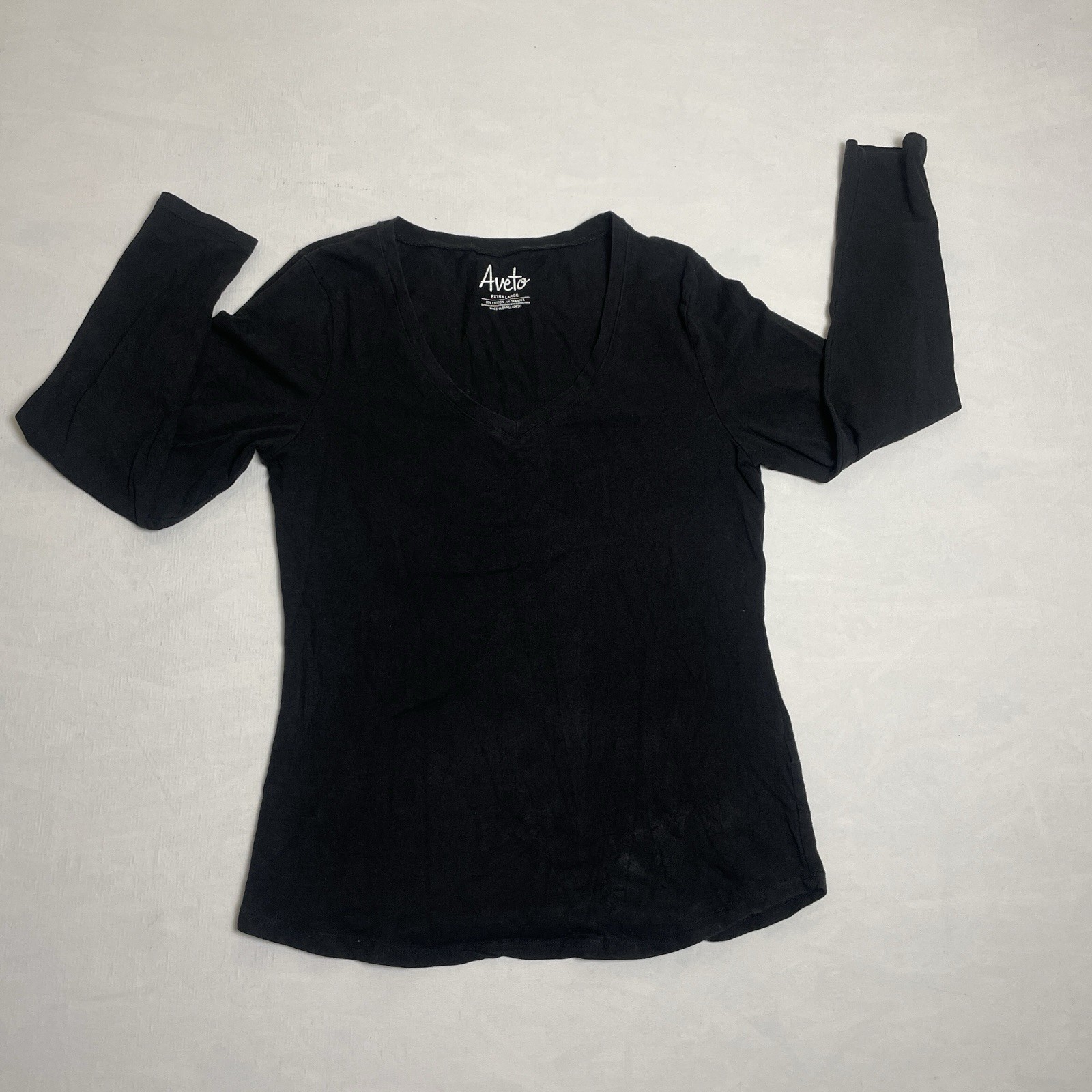 Aveto Womans Blouse Top Black Solid Large Cotton Blend Short Sleeve V Neck