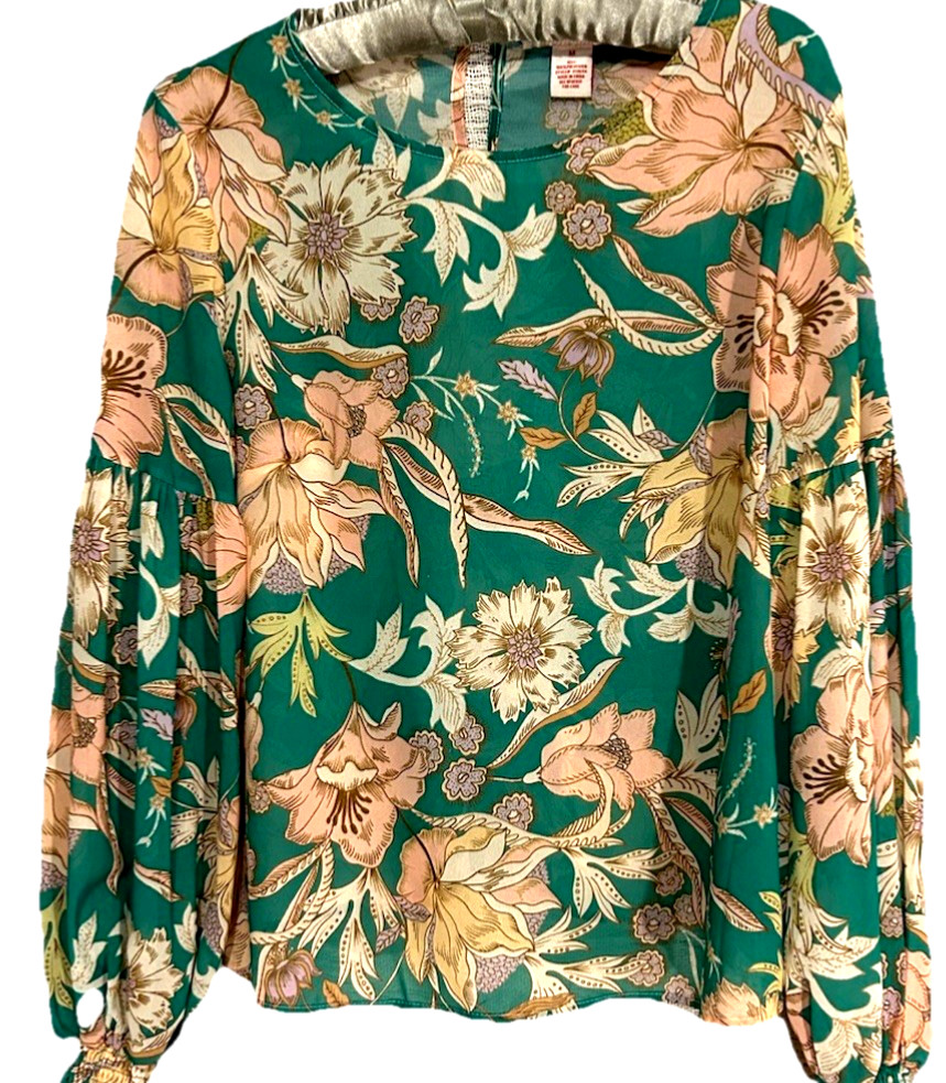 Flying Tomato Top M Pretty Green Floral Print Silky Boho Blouse Popover Shirt