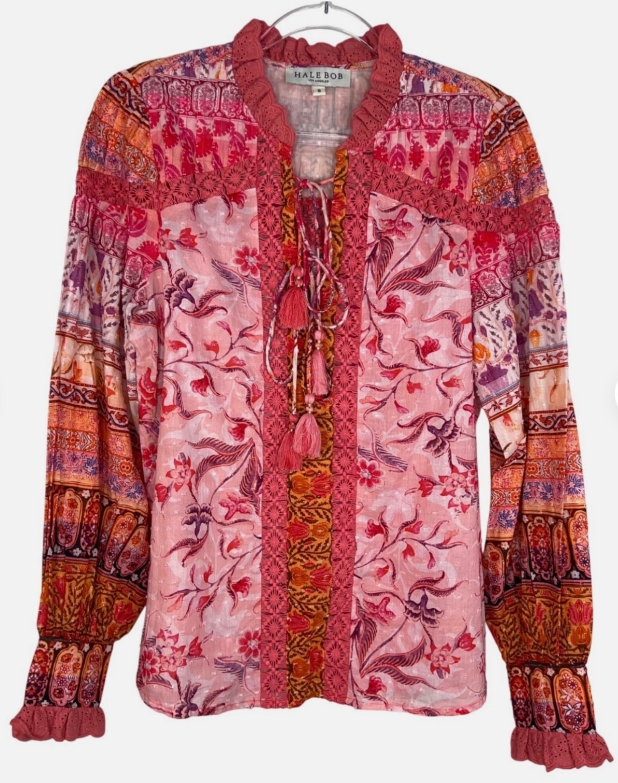 Hale Bob Small Selena Top in Pink Pattern Boho Bohemian Long Sleeve